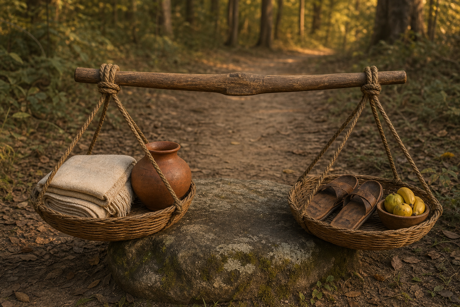 A balanced wooden carrying yoke with woven baskets holds a shawl, water vessel, sandals, and fruit beside a forest path.