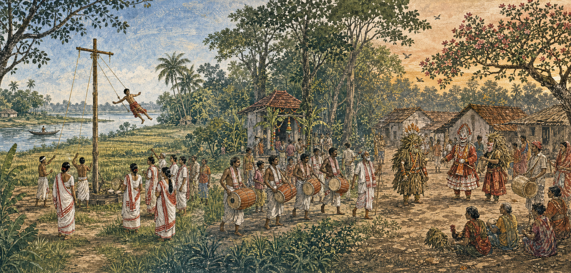 A panoramic illustration shows three eastern Indian village settings with a Charak pole, devotional processions, drummers, shrines, and locally varied clothing and landscapes.