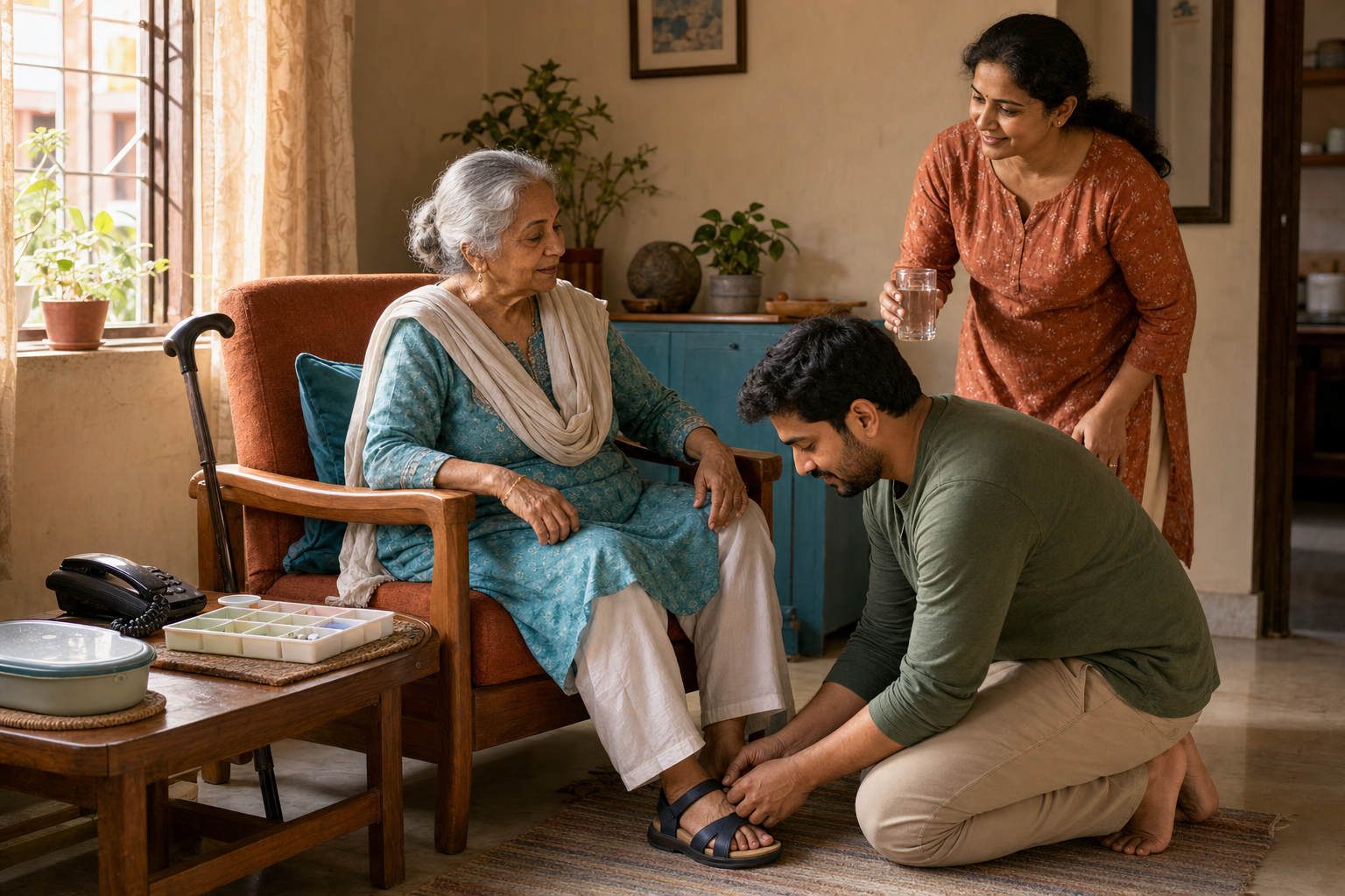 An adult child helps an older parent with a supportive sandal while another family member brings water in a sunlit home.