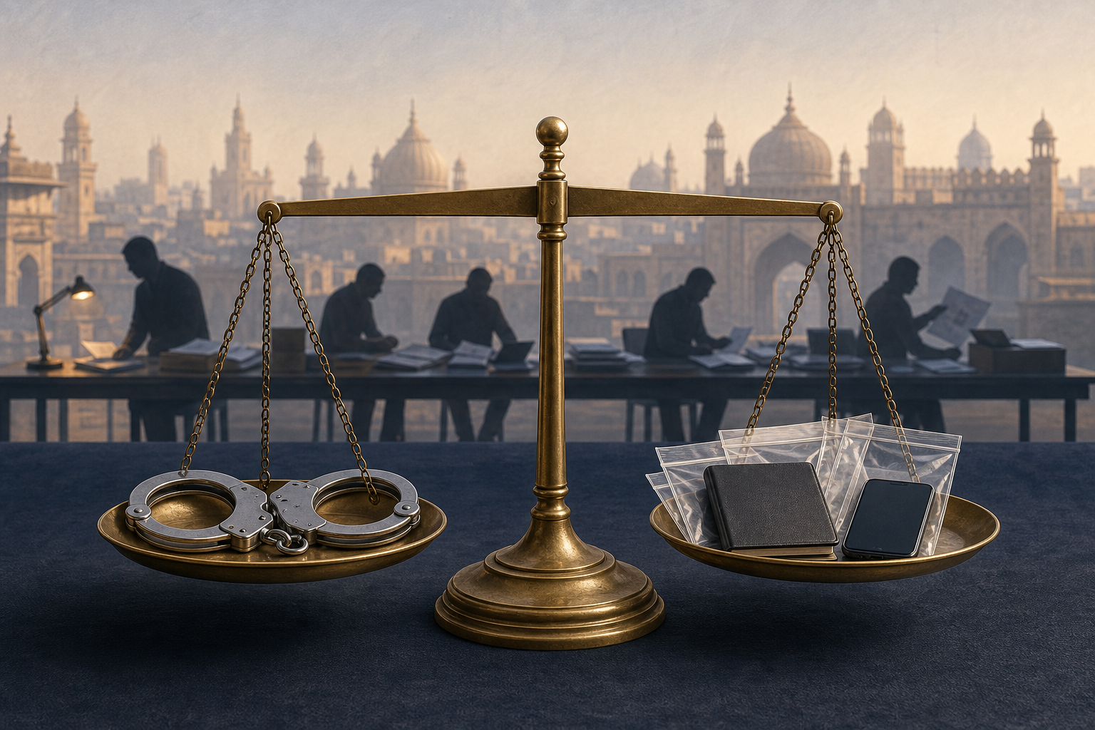 Editorial illustration of balanced scales holding handcuffs and evidence materials against a hazy Lucknow-inspired cityscape.