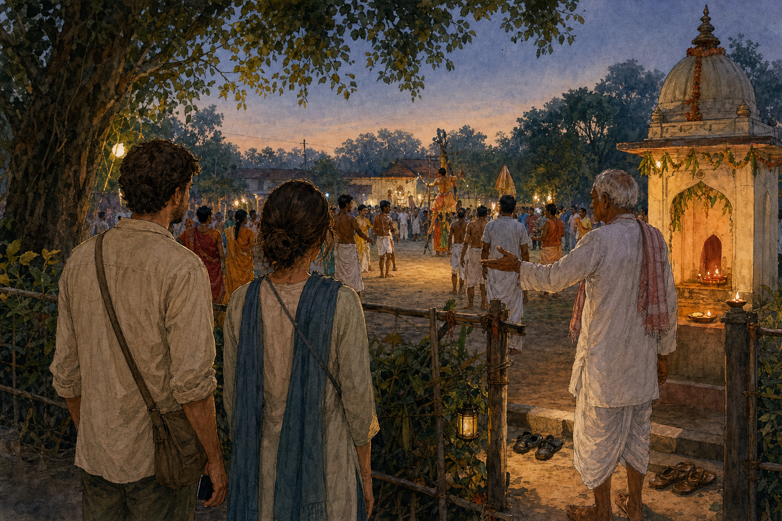 Two visitors watch quietly from the edge of a village Charak Puja as worshippers gather around lamps and offerings and an elder indicates where guests may stand.