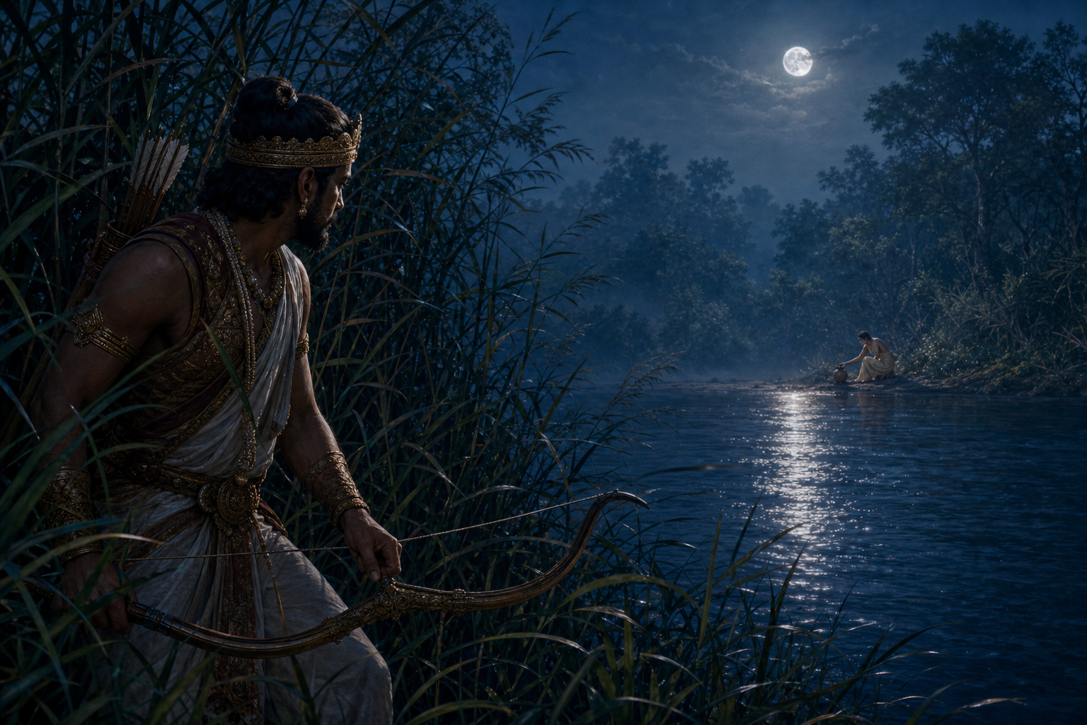 Dasharatha pauses with a lowered bow beside a moonlit river while a young traveler fills a clay vessel in the distance.