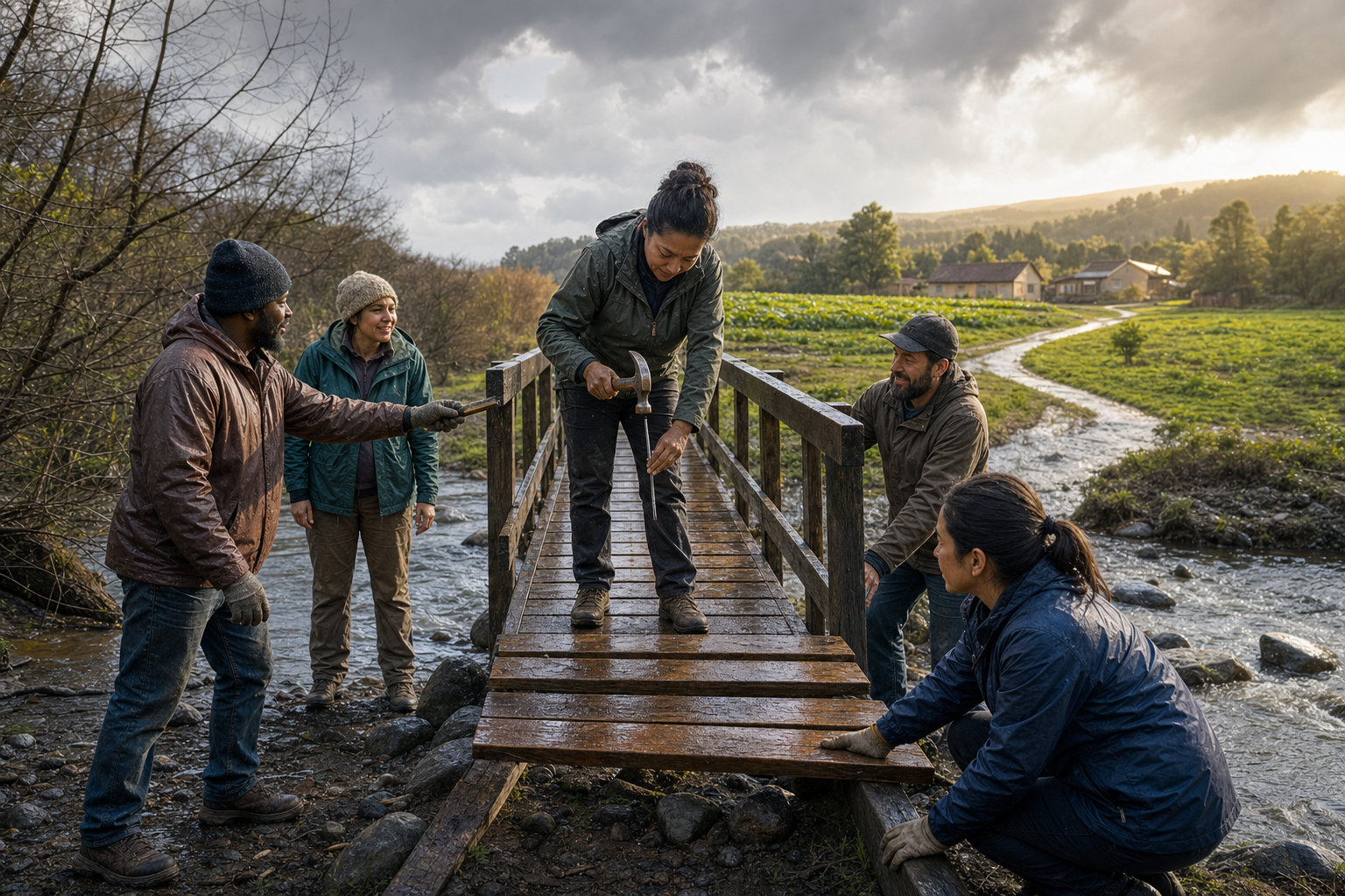 Community members offer tools as a person repairs a footbridge leading toward fields and homes after a storm.