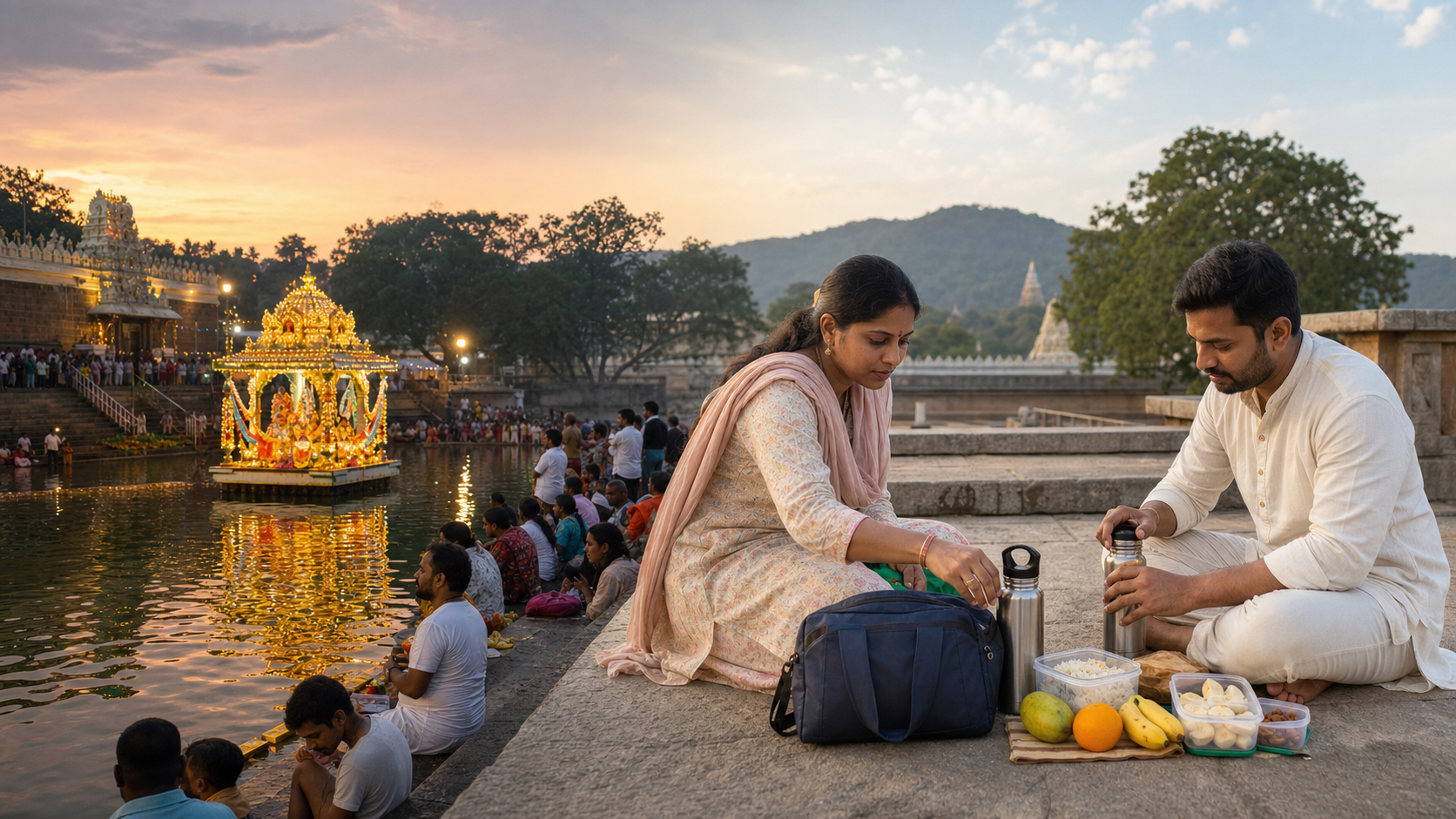 Overhead view of a pilgrimage bag with evening essentials beside water, fruit, dry food, and medicine for the following day.