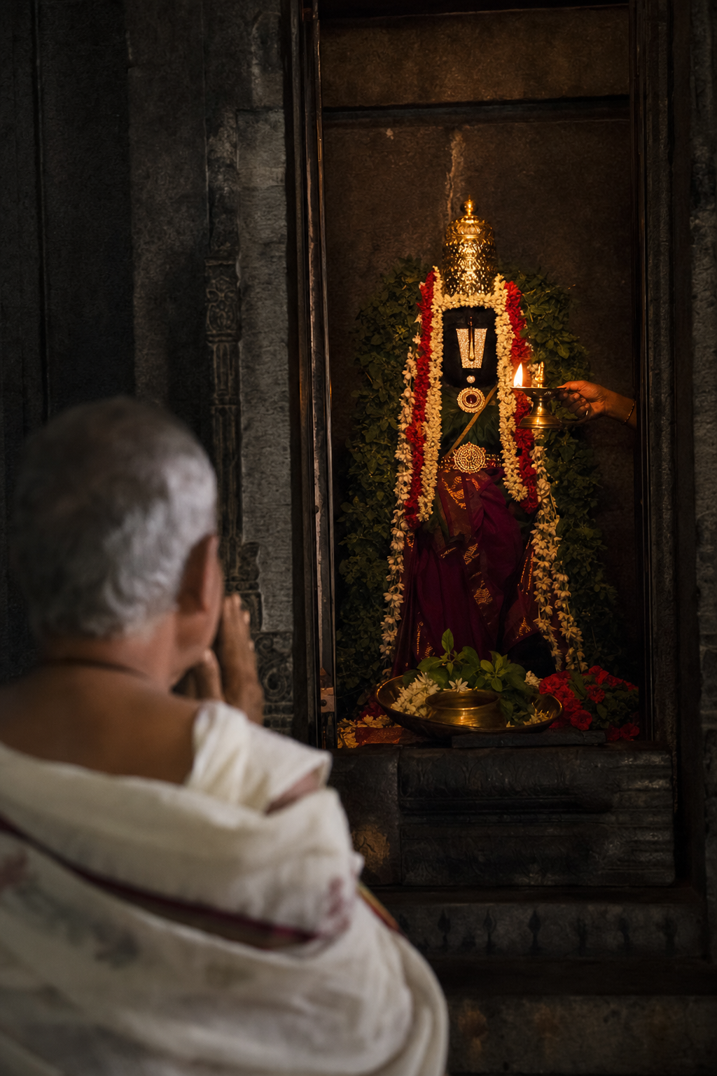 Pilgrims approach an illuminated temple gateway before sunrise as lamps and flower offerings are prepared nearby.