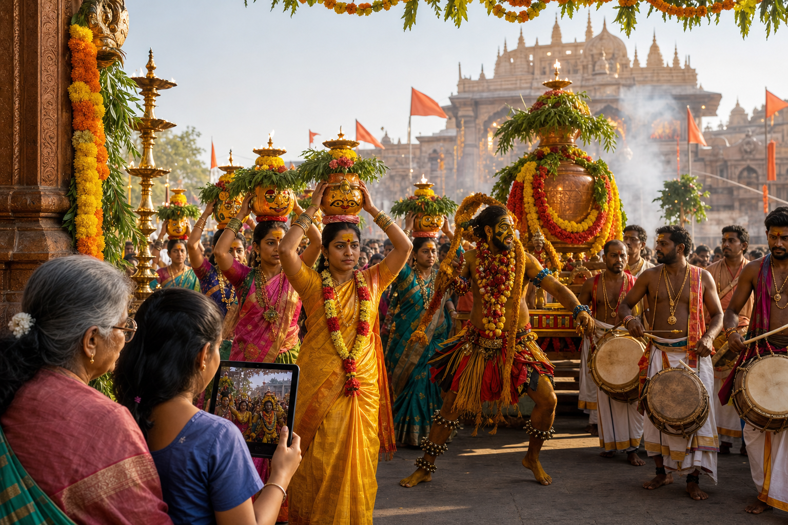 Women carrying decorated Bonam pots during Ujjaini Mahankali Bonalu Jathara in Secunderabad