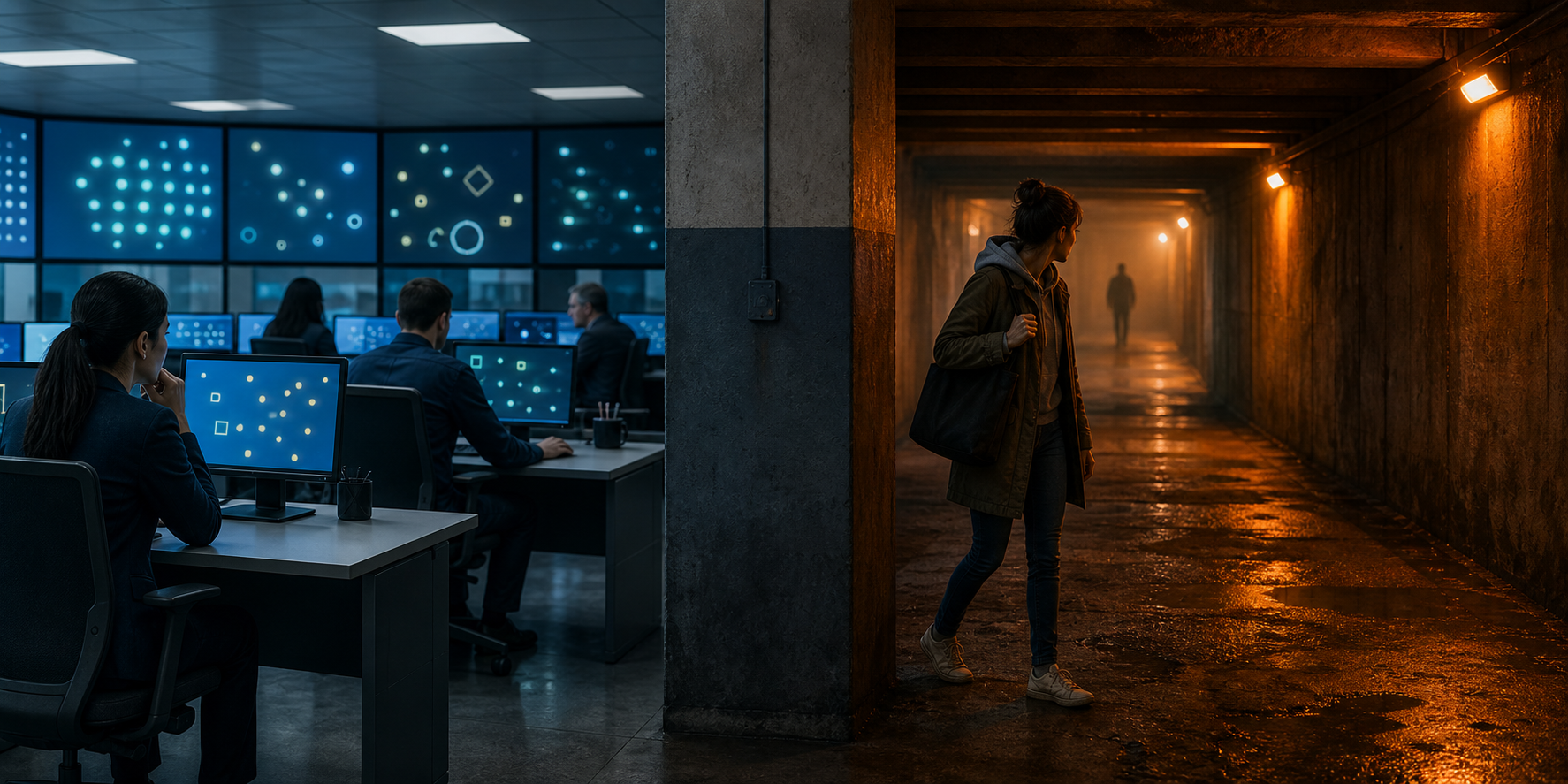 Analysts watch abstract monitor displays in a bright operations room beside a contrasting view of a lone commuter in a dark underpass.