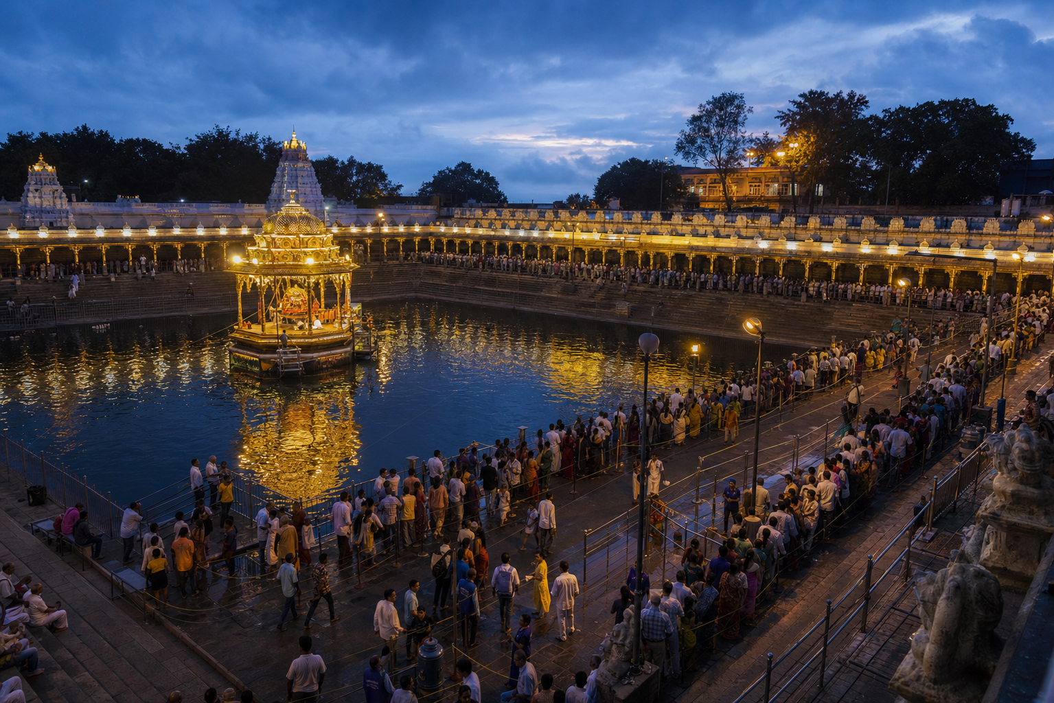 Pilgrims gather around Swami Pushkarini as an illuminated ceremonial float crosses the water during an evening festival.