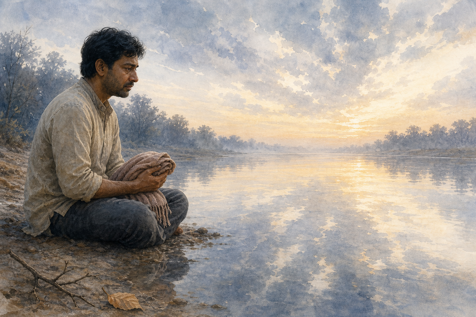 A grieving person holding a folded shawl sits beside a river whose still surface reflects an expansive morning sky.