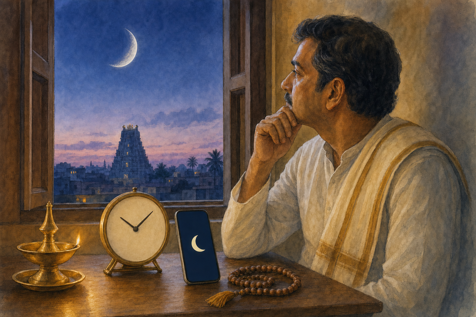 A person compares the moon outside with a clock and a phone beside prayer beads and a brass lamp.