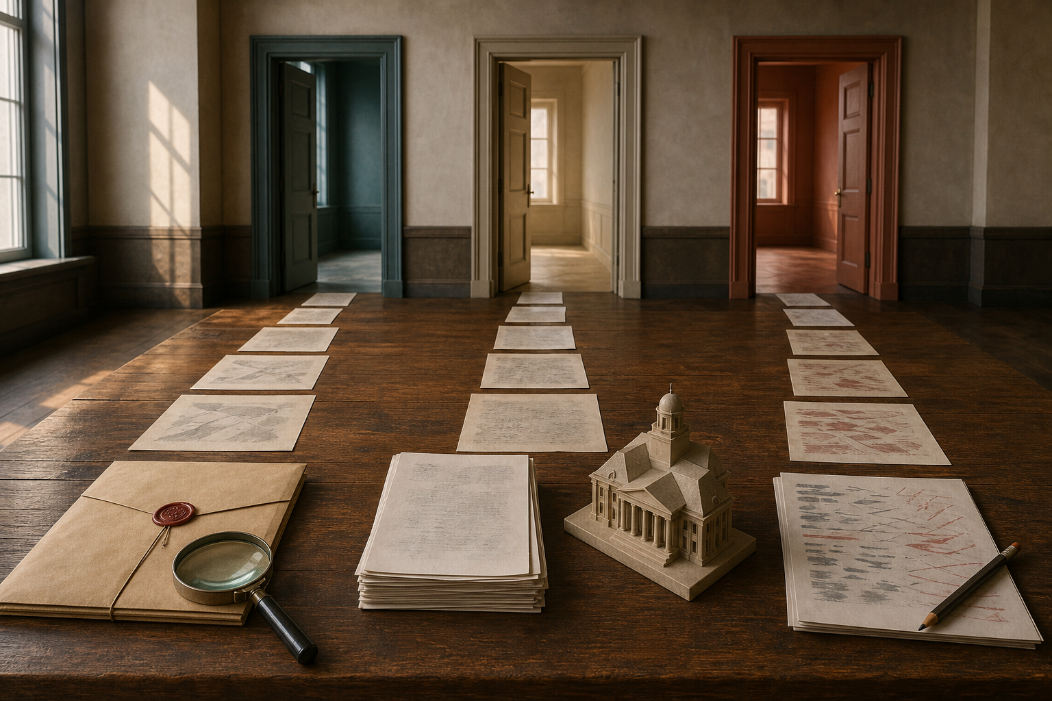 Three separate evidence stations show an examination paper, regulatory documents and a graded school answer sheet, each leading toward a different doorway.