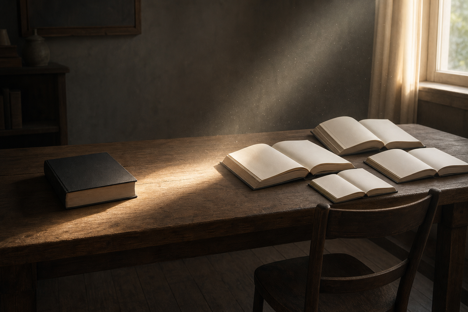 A closed dark book and several open blank books sit along a wooden table beside an inviting empty chair.
