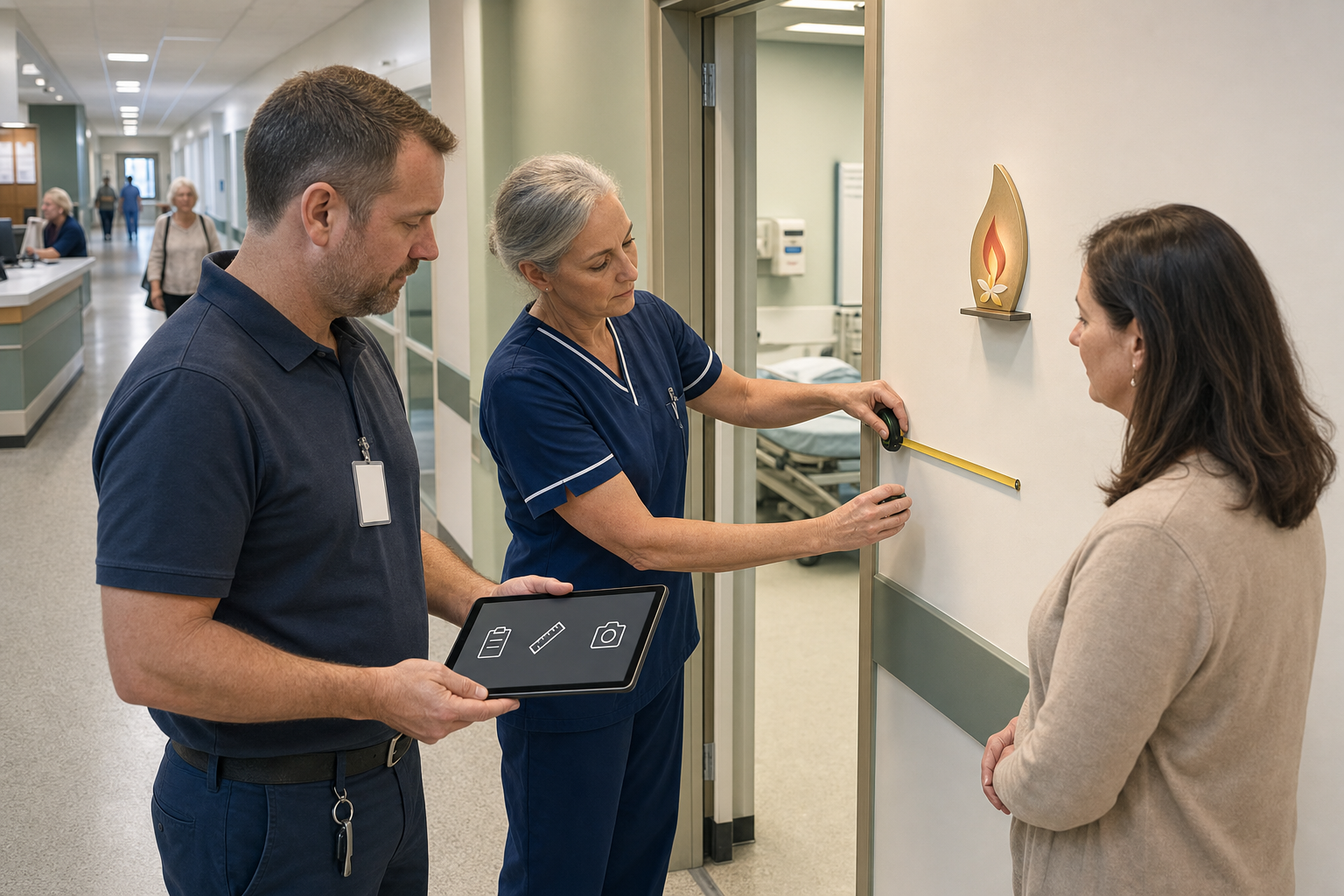 A facilities officer, nurse and patient representative inspect the location of a small devotional display in a hospital corridor.