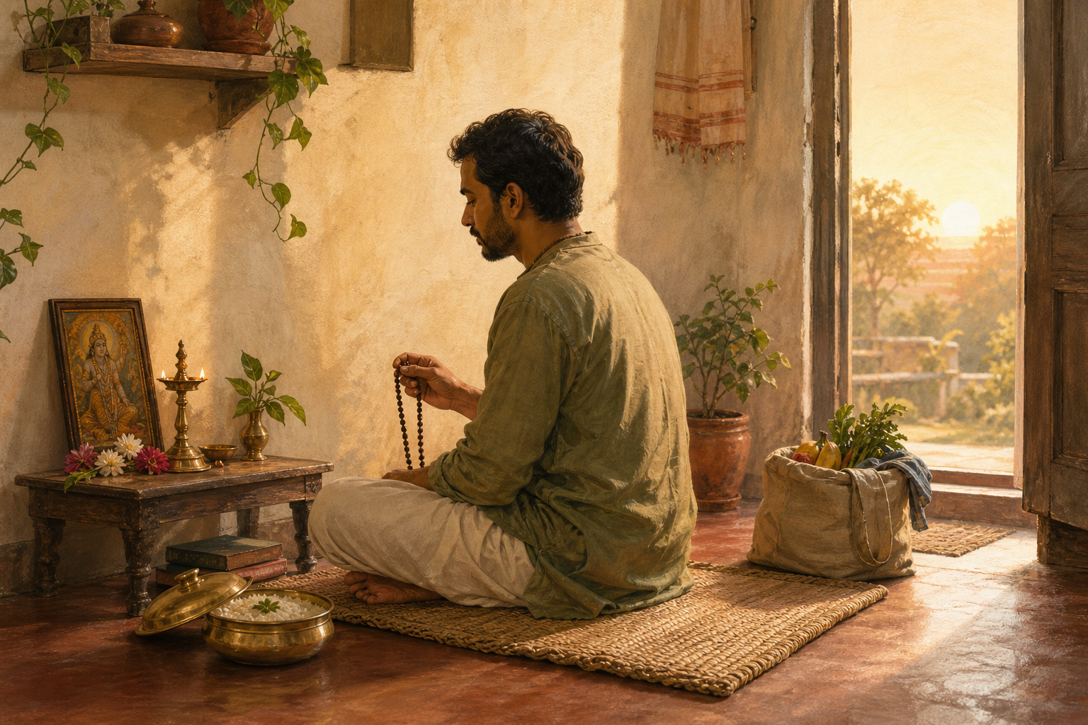 A practitioner uses prayer beads beside a small home shrine, an offering bowl, and a bag of provisions at dawn.