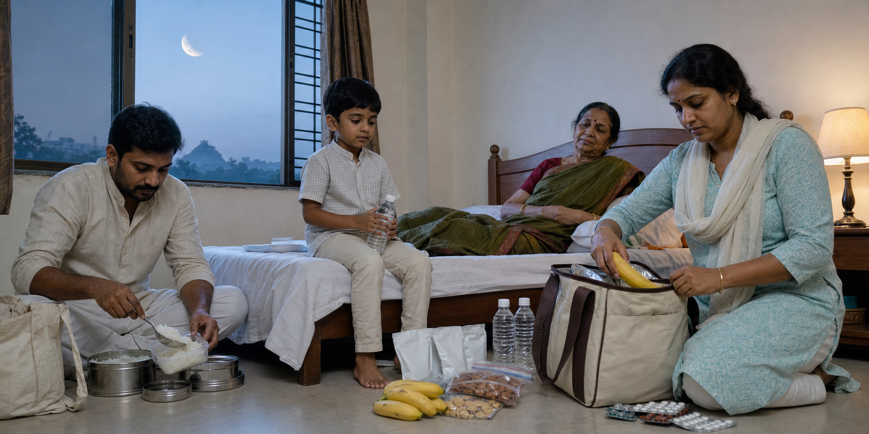 A pilgrim family in a guest room packs simple food, water, and medicine while a partly shadowed moon is visible outside.