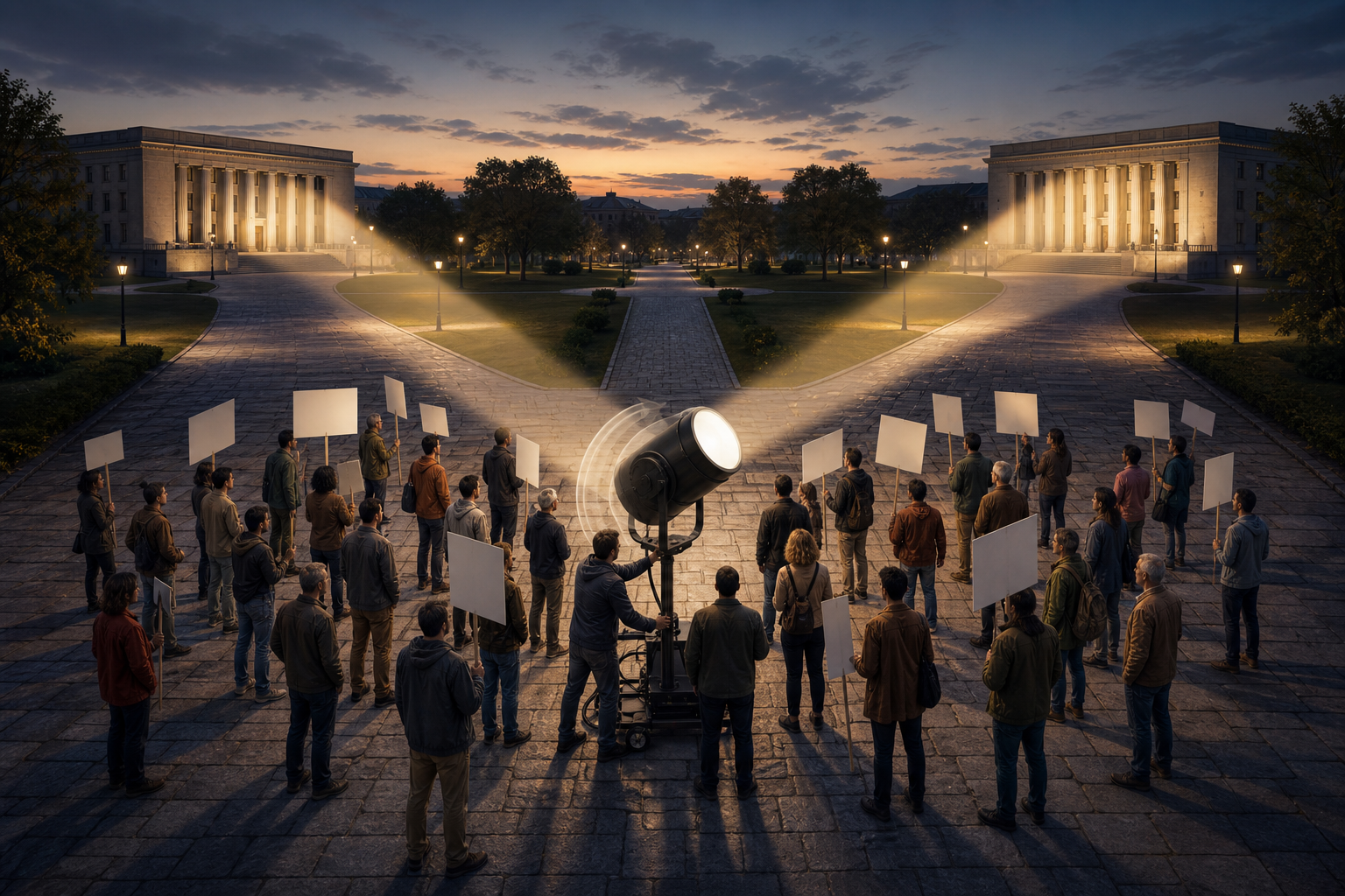 Demonstrators with blank placards stand at a crossroads as a portable spotlight turns from one unidentified government building toward another.