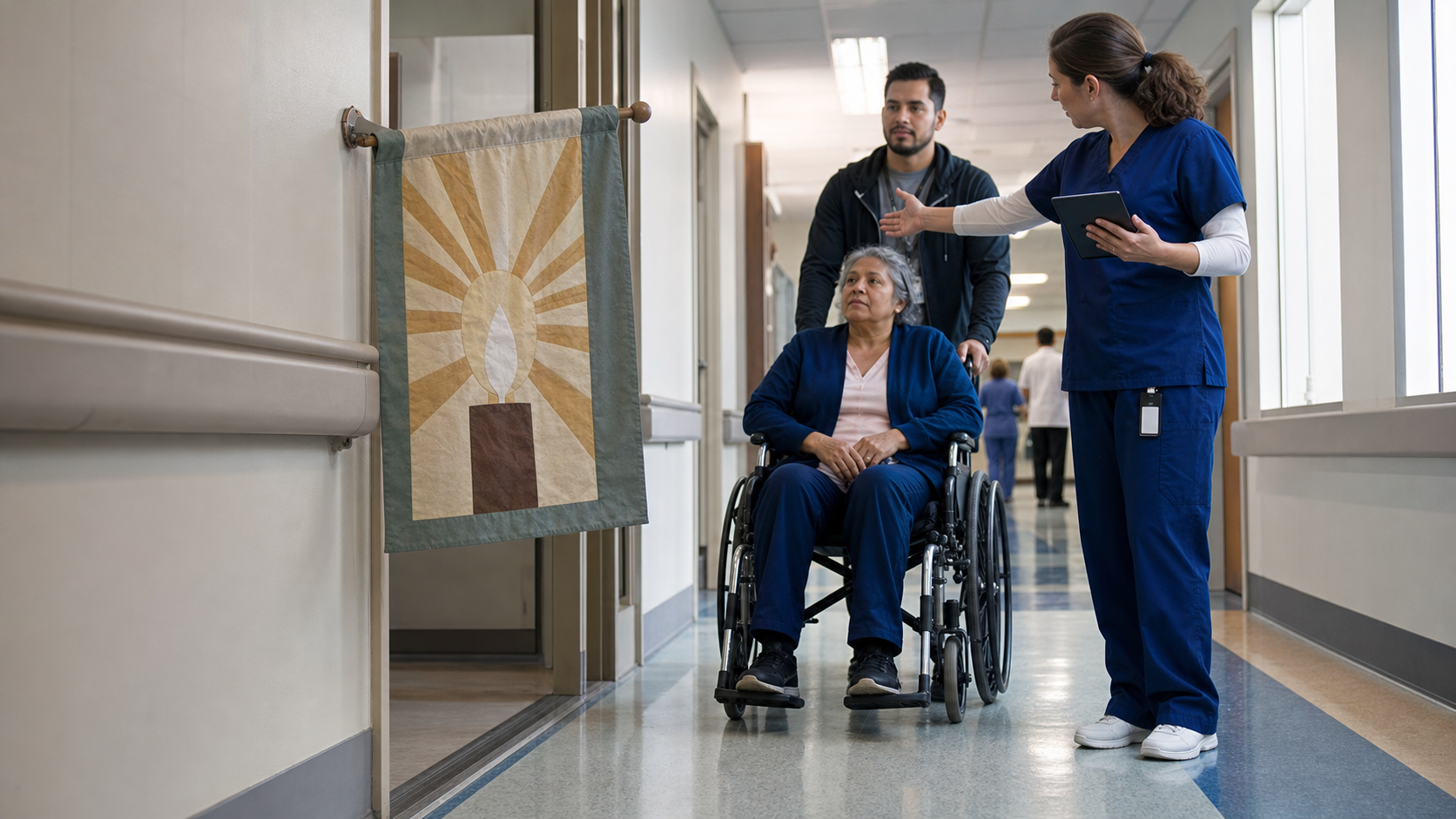 A nurse notices a loosely secured devotional banner narrowing the route used by a wheelchair in a hospital corridor.