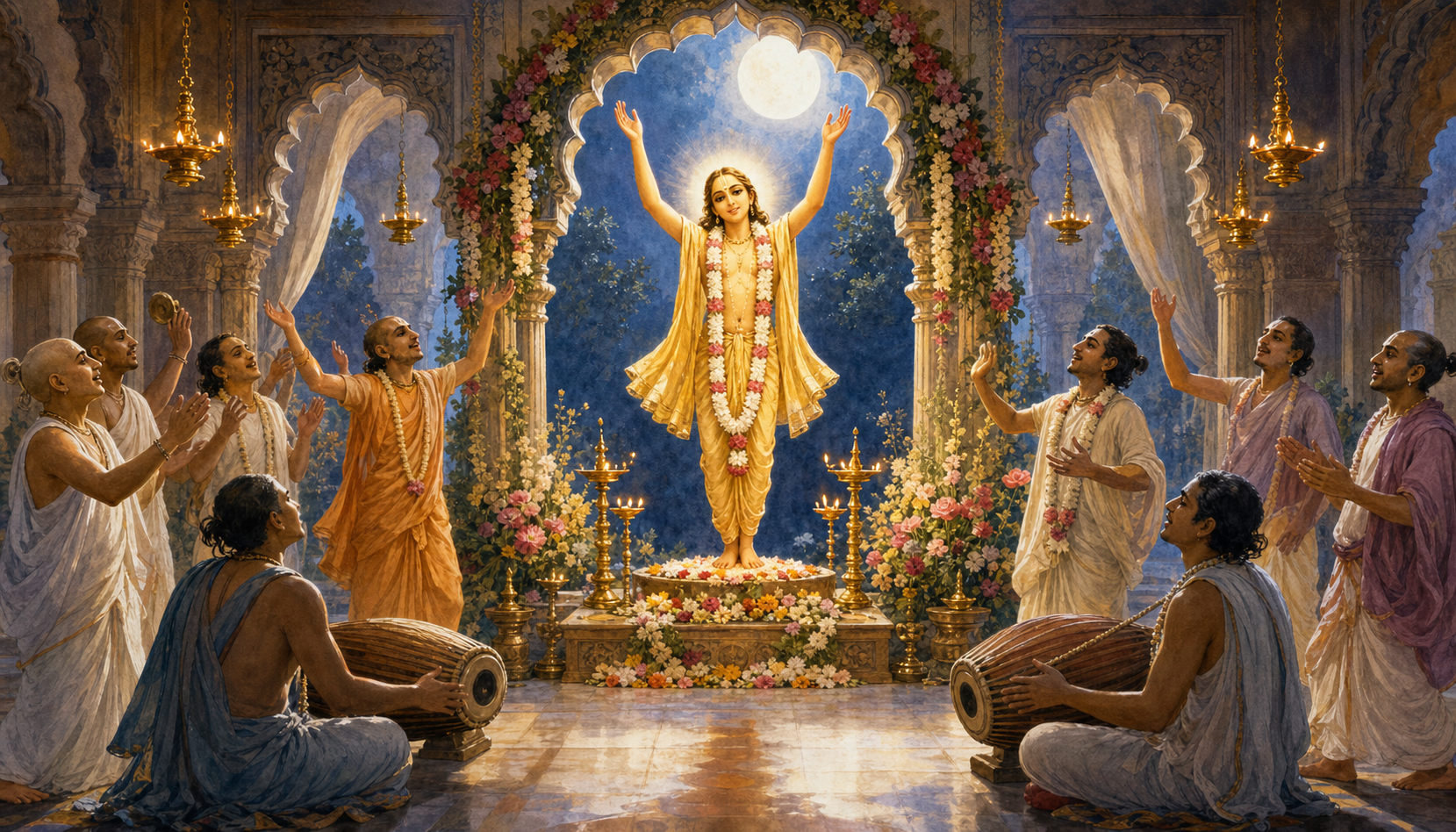 Devotees perform kirtan before a flower-decorated golden image of Chaitanya Mahaprabhu in a moonlit temple hall.