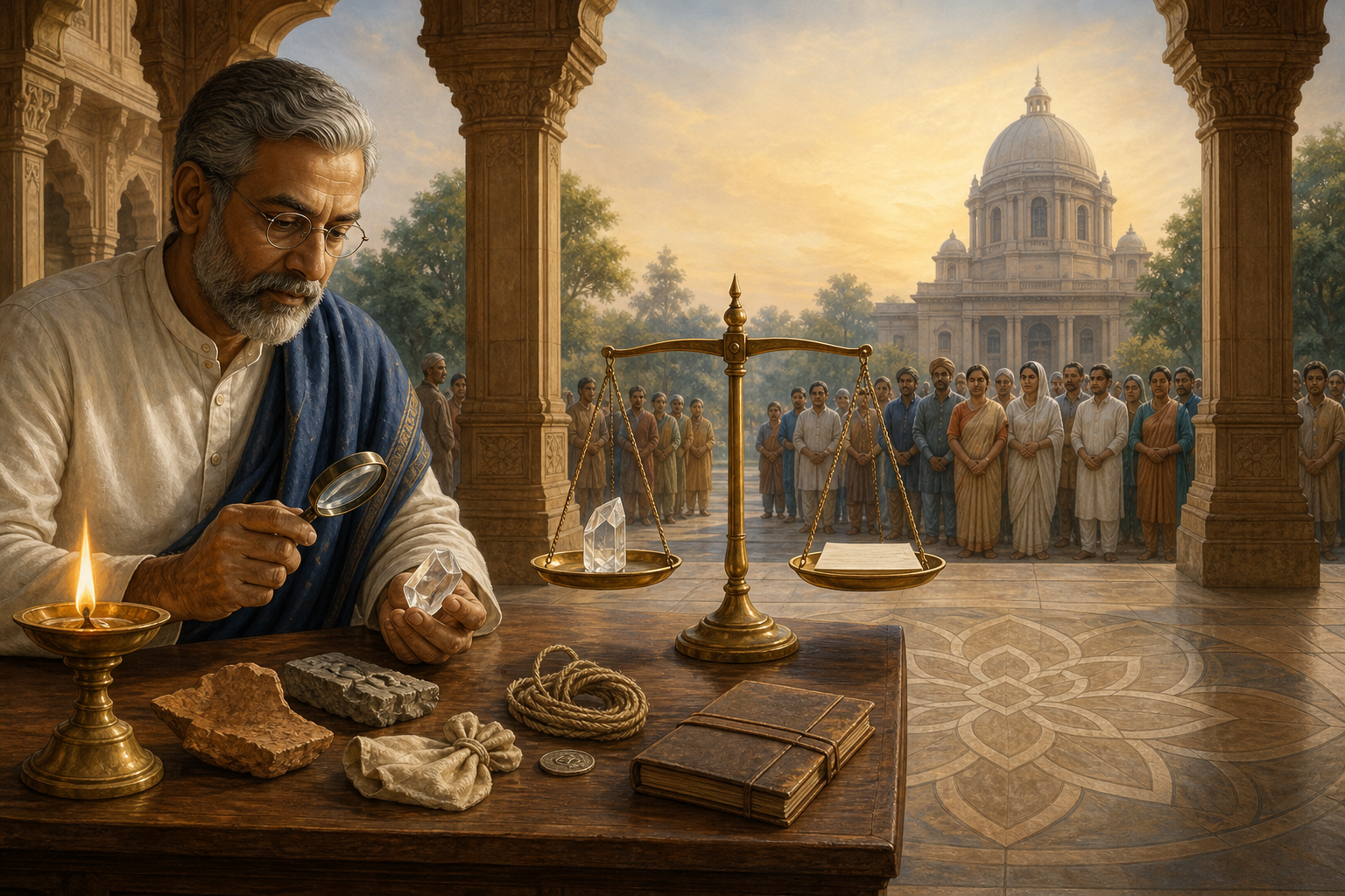 A scholar reviews evidence beside a balanced scale and an oil lamp while peaceful demonstrators wait outside a civic building at dawn.