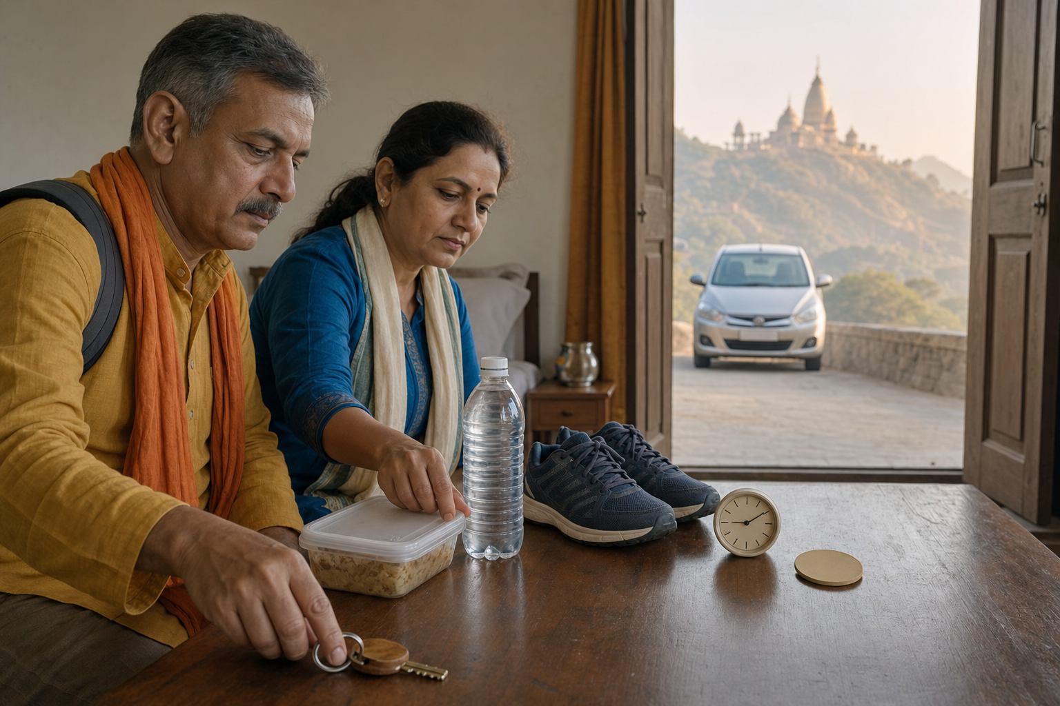 Pilgrims arrange a room key, food, water, shoes, clock, and entry token before leaving for transport and the temple hills.