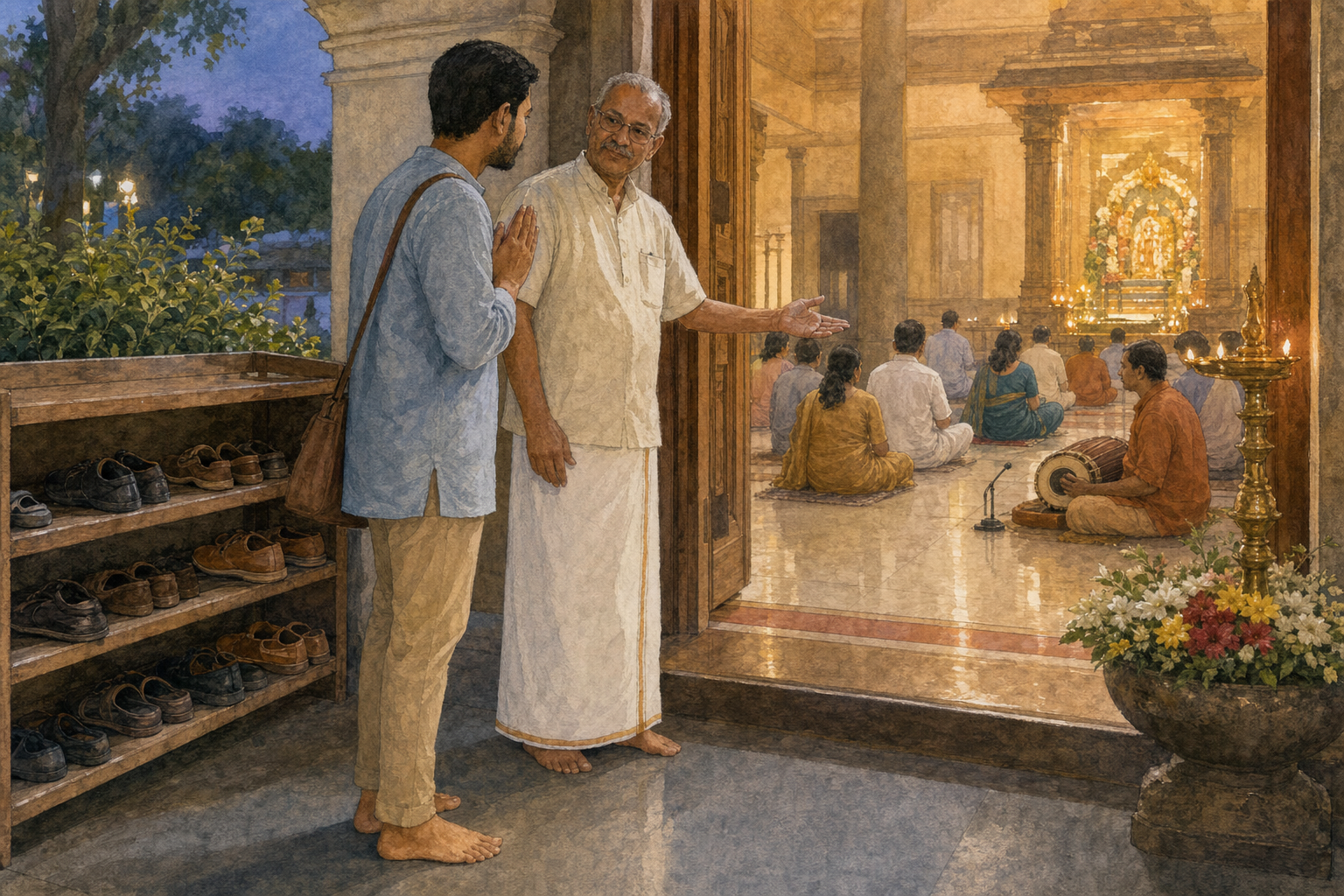 A barefoot visitor greets a temple volunteer at the prayer hall entrance after leaving shoes on a rack.