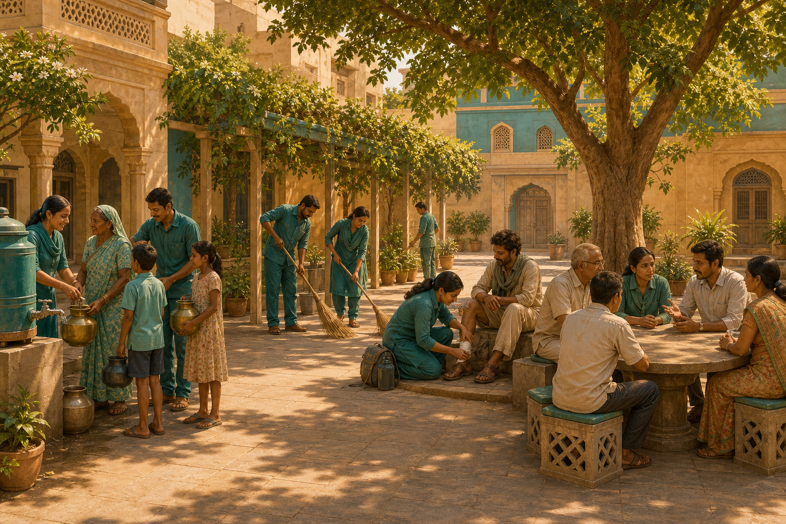 Public stewards and residents share water, repair a walkway, assist a traveler and meet around a circular table in an open courtyard.