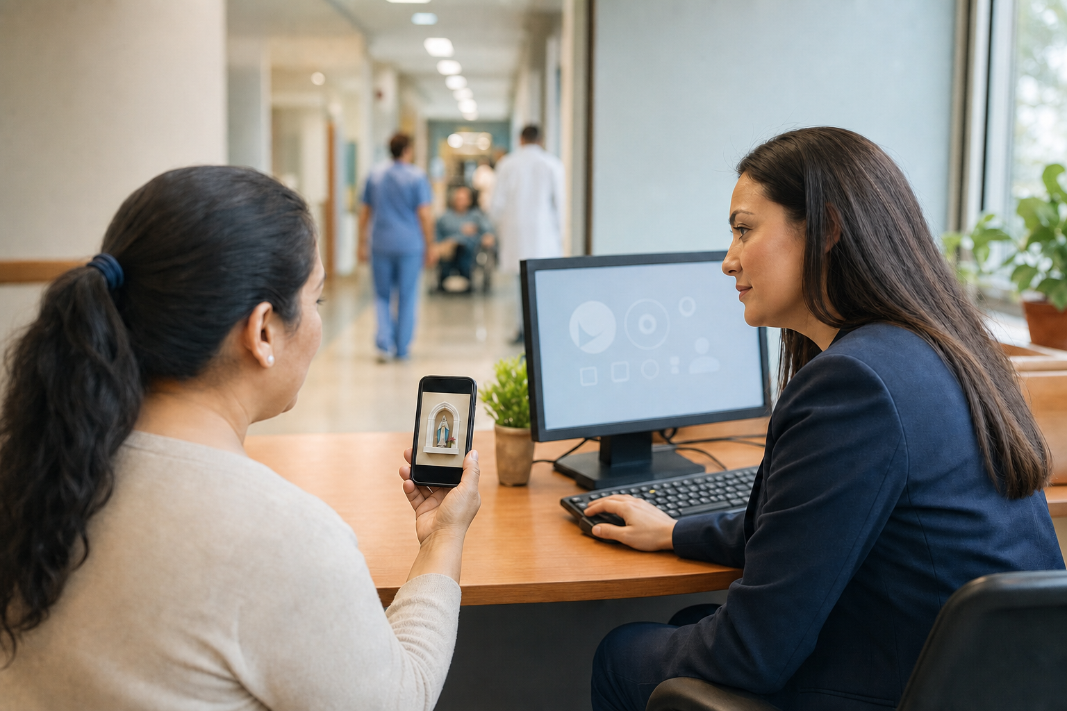 A patient privately shows a hospital administrator a phone photo while the administrator documents the concern at a service desk.