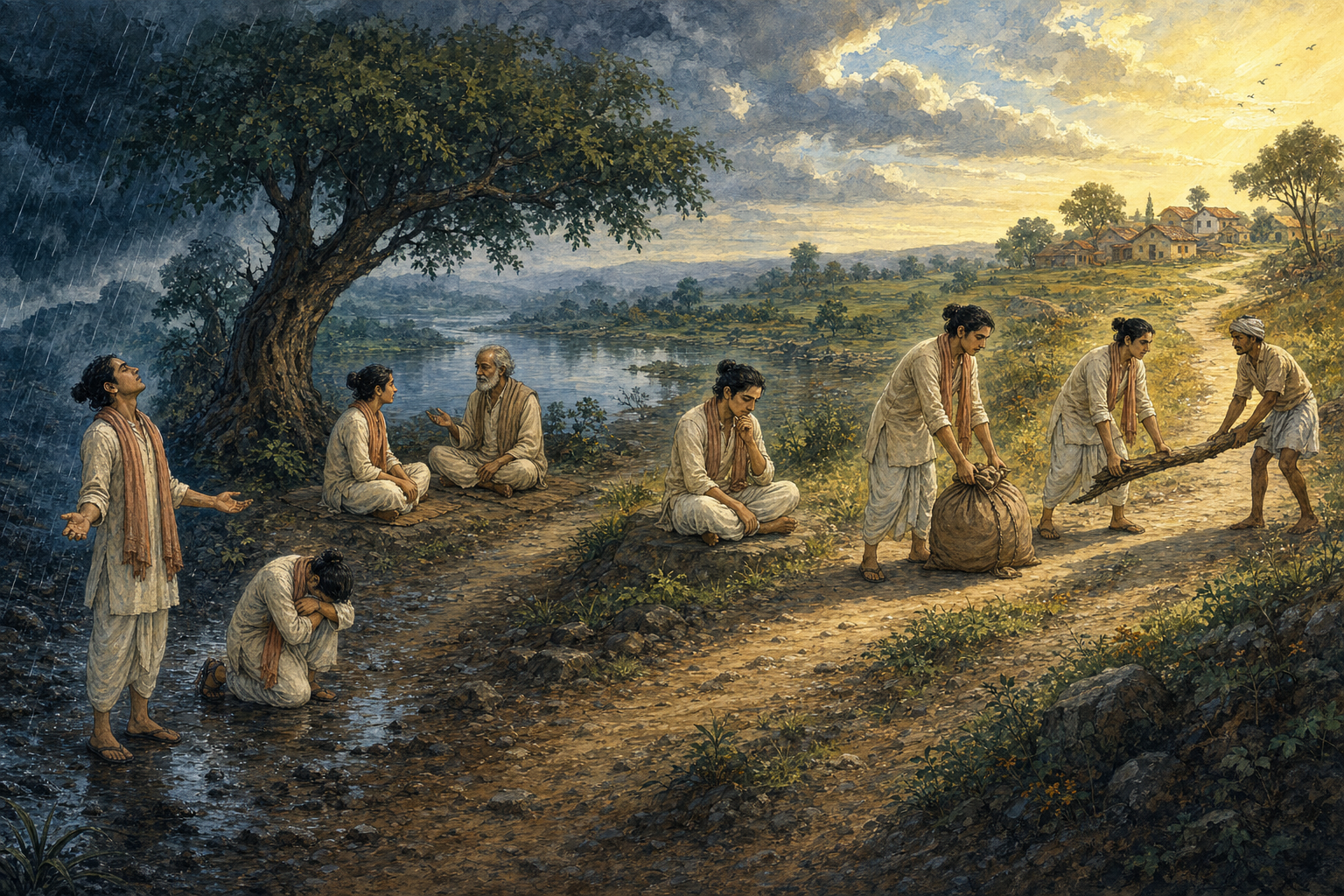 Six successive figures of the same seeker pause, listen, meditate, release a burden, and move along a path toward helping a village.