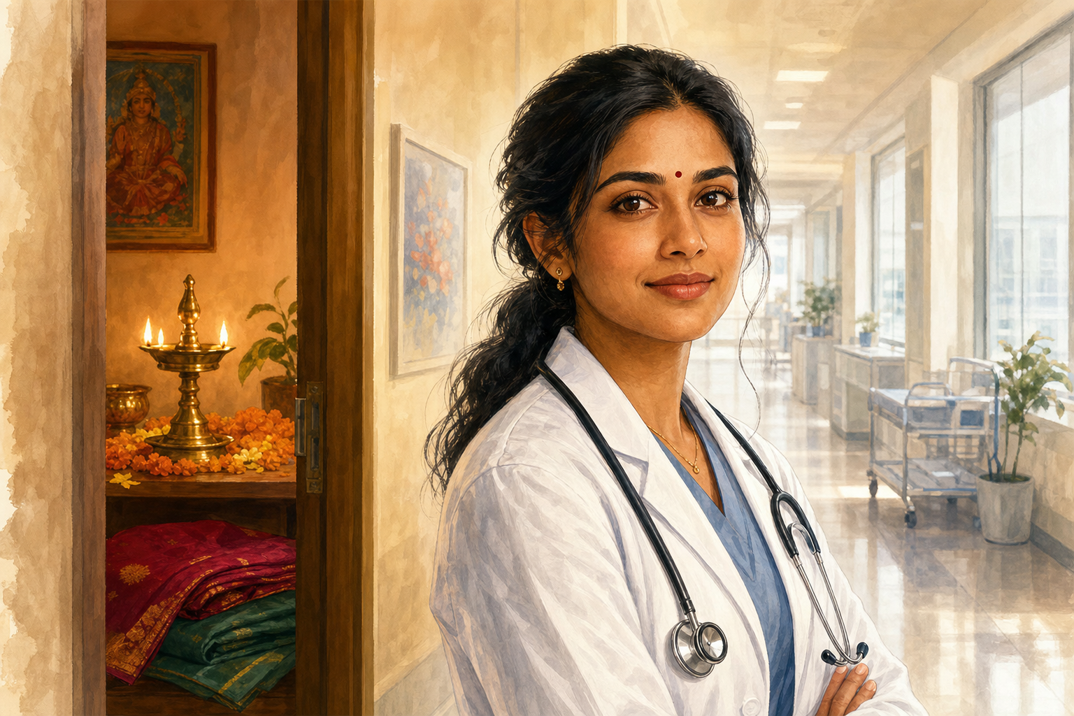 A fictional bindi-wearing Indian American doctor stands between a hospital corridor and a warmly lit home alcove with a brass lamp and marigold petals.