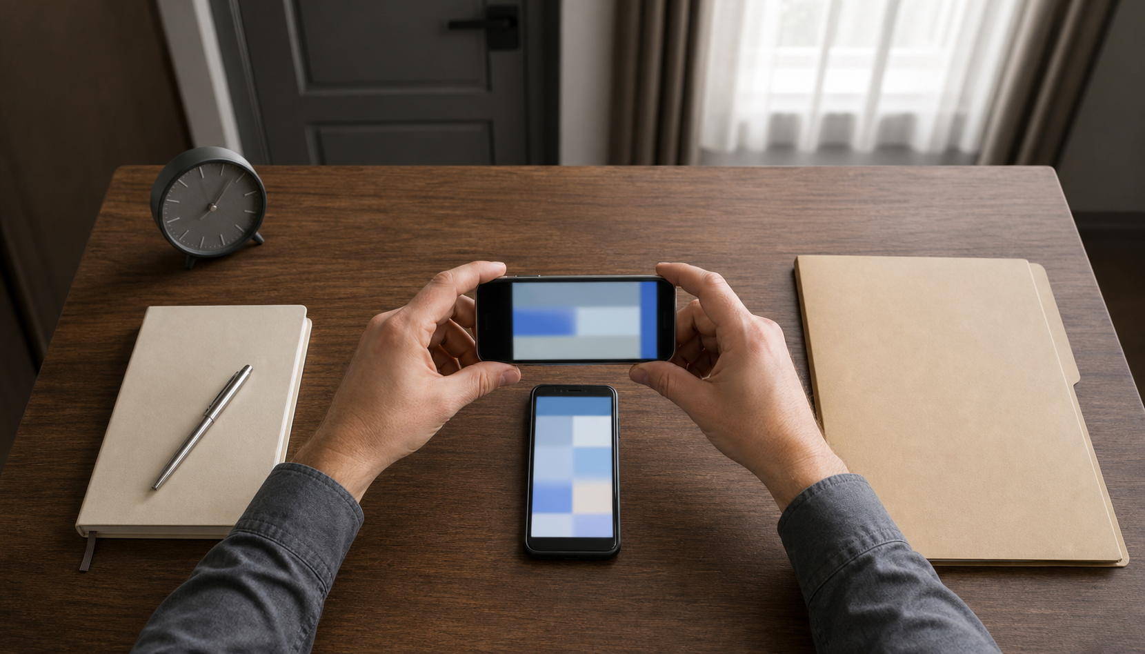 Hands document a phone screen with a second device beside a notebook, clock, and folder on an organized desk.