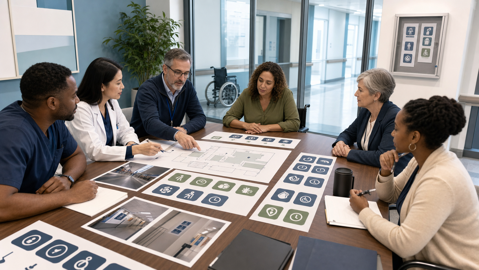 A diverse hospital committee reviews floor plans and uniform display templates while discussing signage policy.