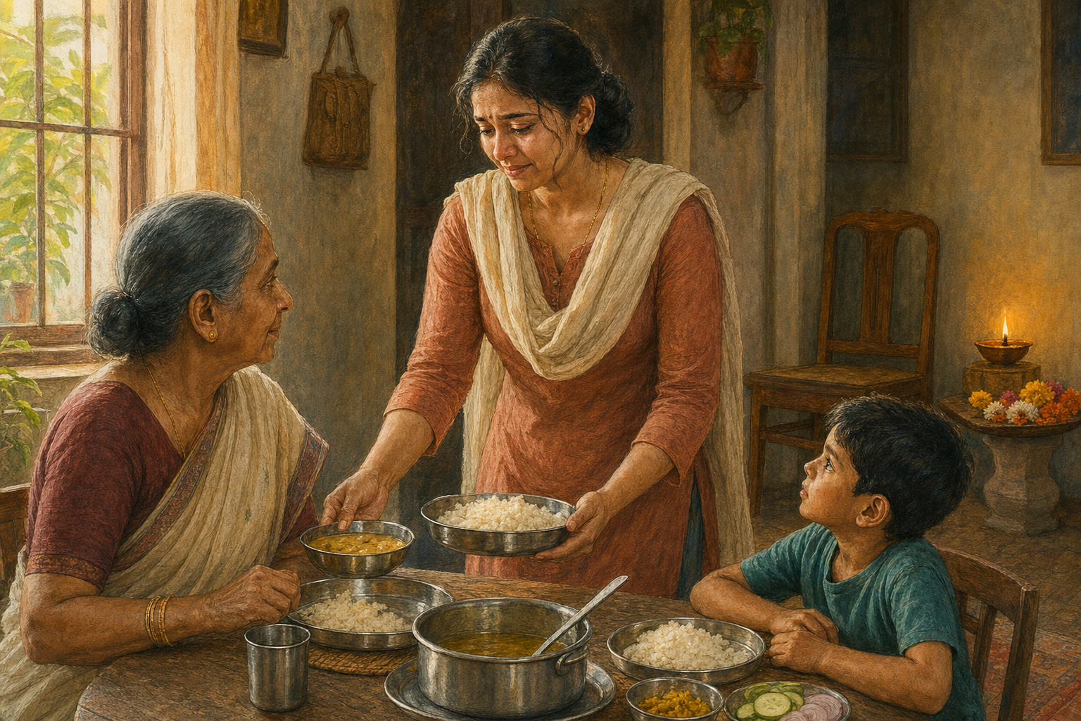 A grieving adult calmly serves a meal to an older relative and a child beside an empty chair, flowers, and a small lamp.
