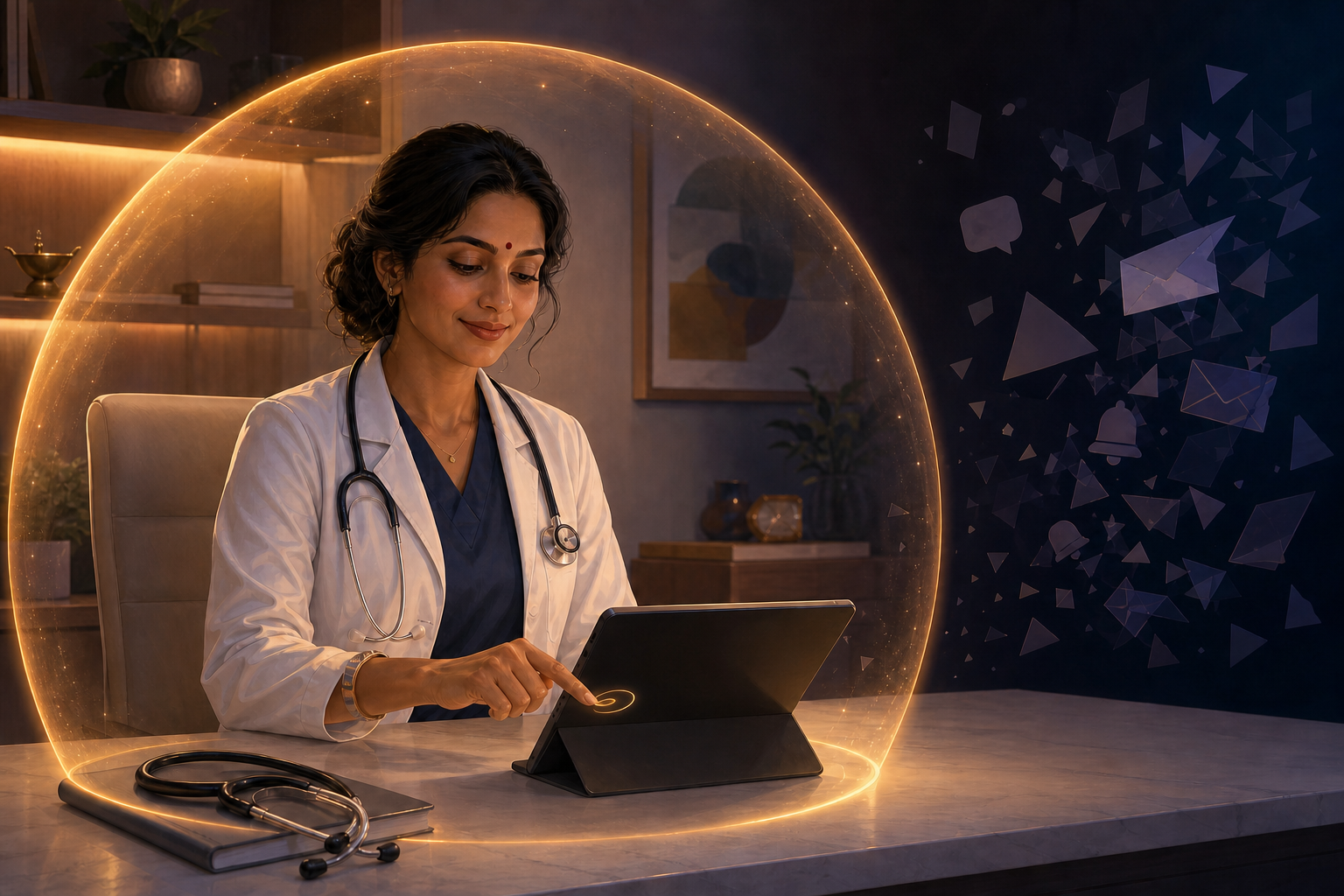 A fictional Indian American doctor wearing a bindi closes an online interaction as a circle of warm light surrounds her office workspace.