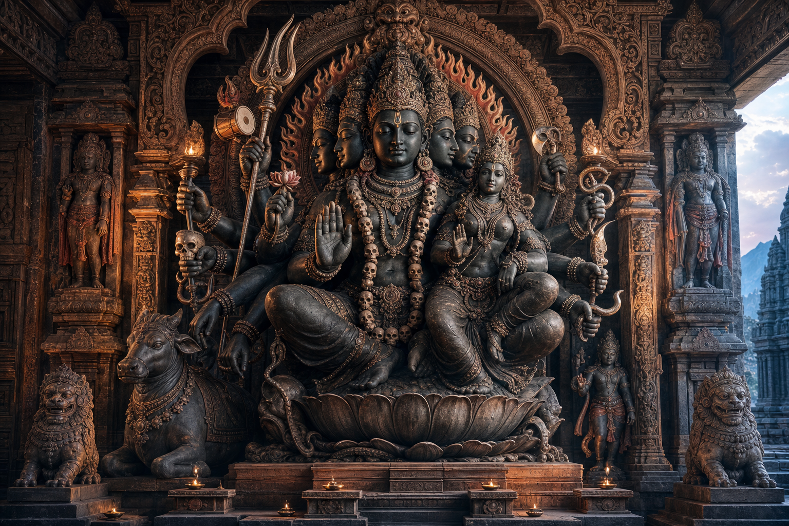 A many-faced, multi-armed Shaiva-Shakta stone deity stands in a temple niche with ritual attributes, flames, serpents, attendants and a lotus pedestal.