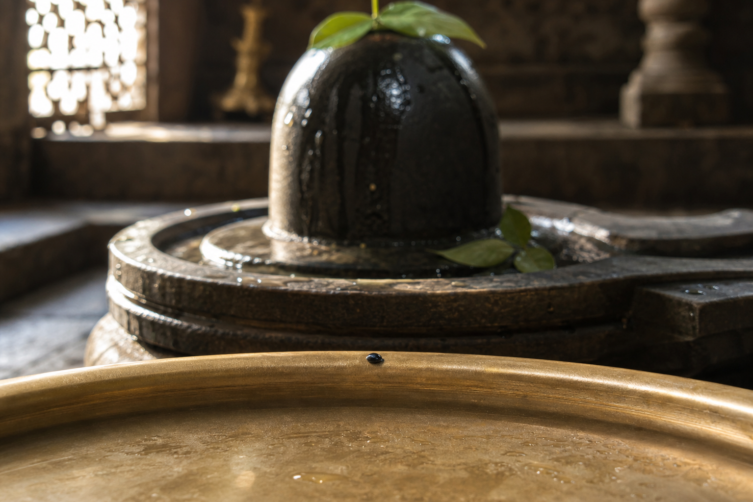 A single black sesame seed on a brass offering plate with a stone Shivalinga softly visible behind it.