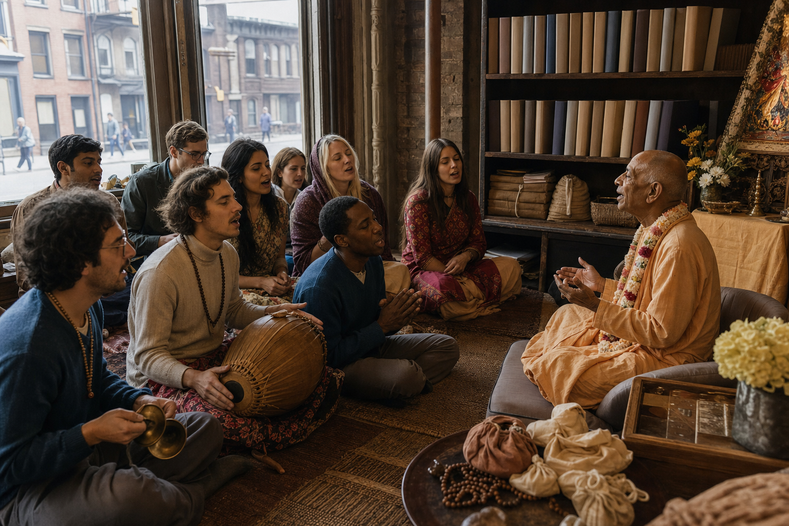 A small 1960s storefront hosts a devotional gathering with an elderly Vaishnava teacher, seated participants, musical instruments, books, prayer beads, flowers and a simple altar.