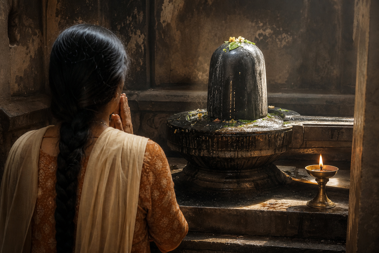 A worshipper with folded hands faces a water-covered stone Shivalinga whose natural surface texture is visible in side light.