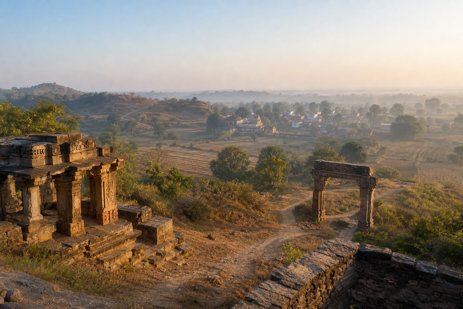 Weathered sandstone monuments, village paths, fields and low wooded hills across the sacred landscape of Gyaraspur at sunrise.