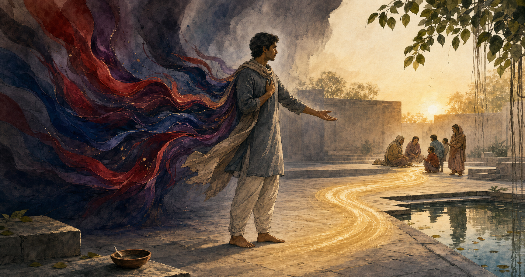 A person pauses in a stone courtyard as turbulent colored ribbons settle into a golden path leading toward people in need.