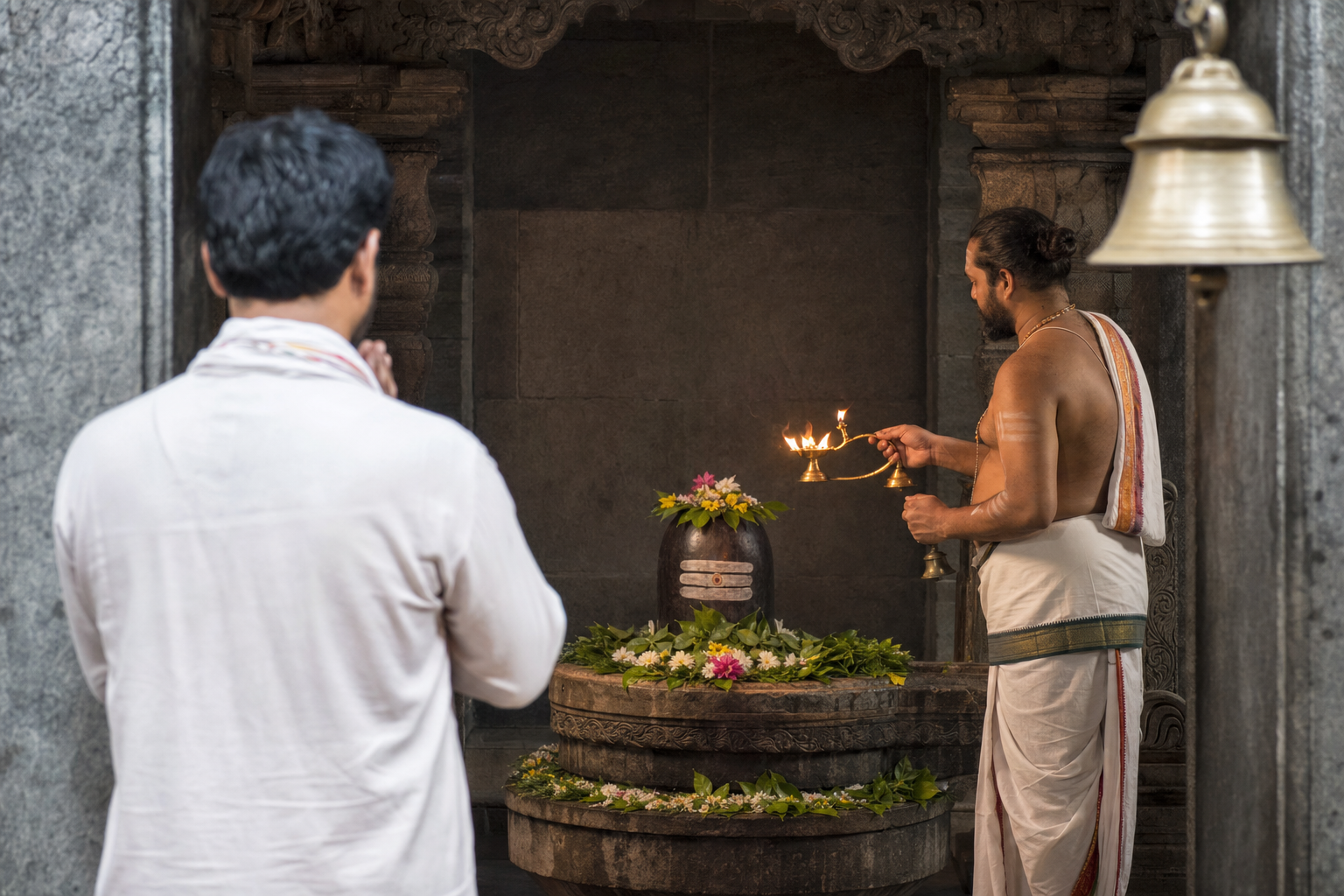 A visitor stands with folded hands as a priest offers a brass aarti lamp before a flower-decorated Shivalinga.