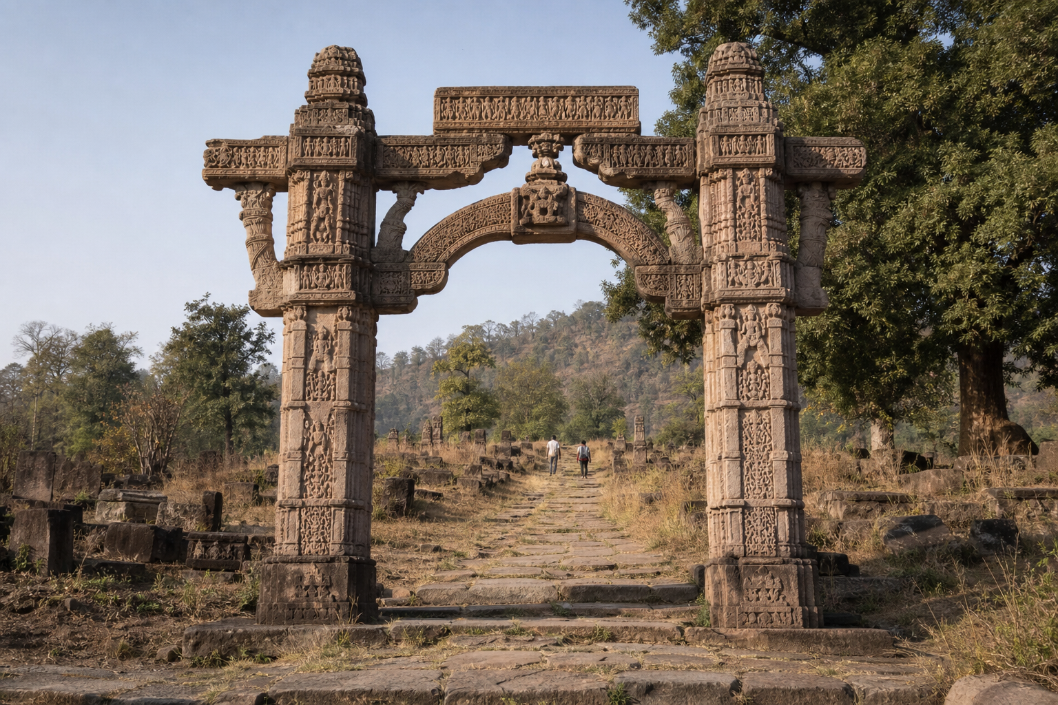 The carved sandstone Hindola Torana frames an ascending path through the monument landscape at Gyaraspur.
