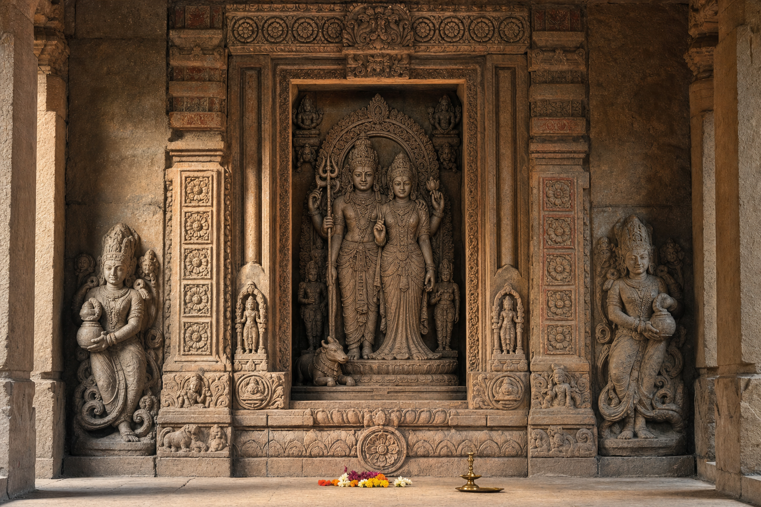 A complete temple niche shows a central Shiva-Shakti figure together with its carved arch, attendants, guardians, animal vehicle and pedestal.