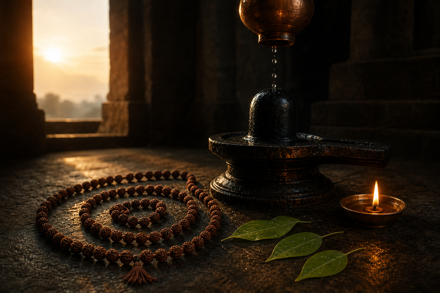 A rudraksha mala, bilva leaves, and a burning oil lamp rest beside a water-anointed stone Shivalinga.