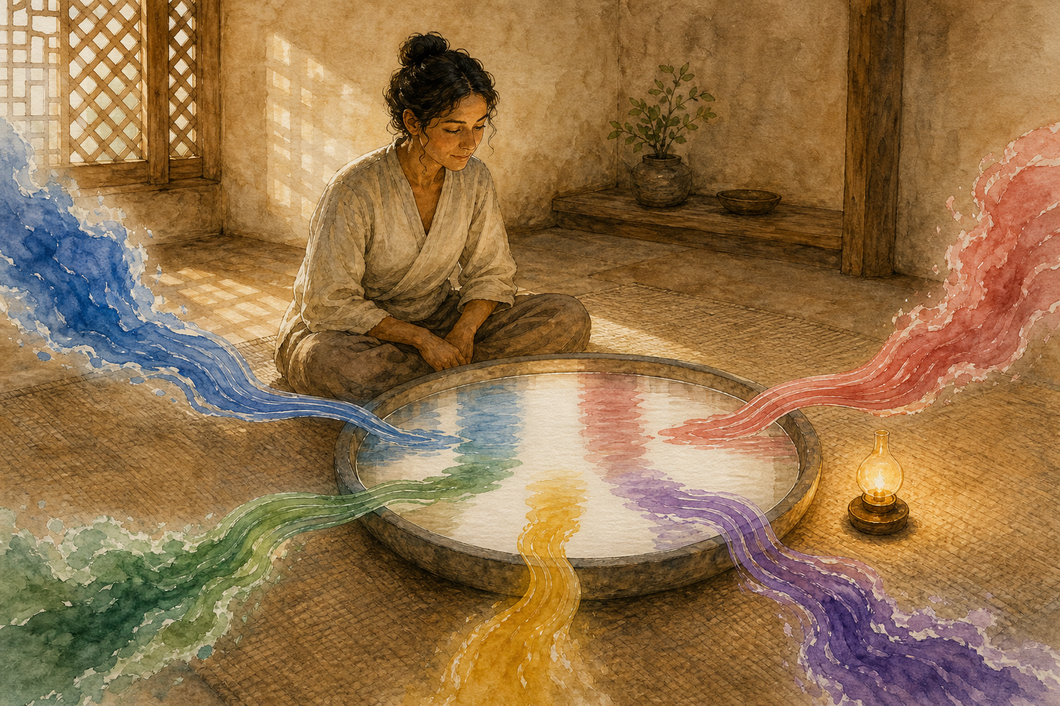 A seated person observes several colored streams reflected separately in a still basin beside a steady lamp.