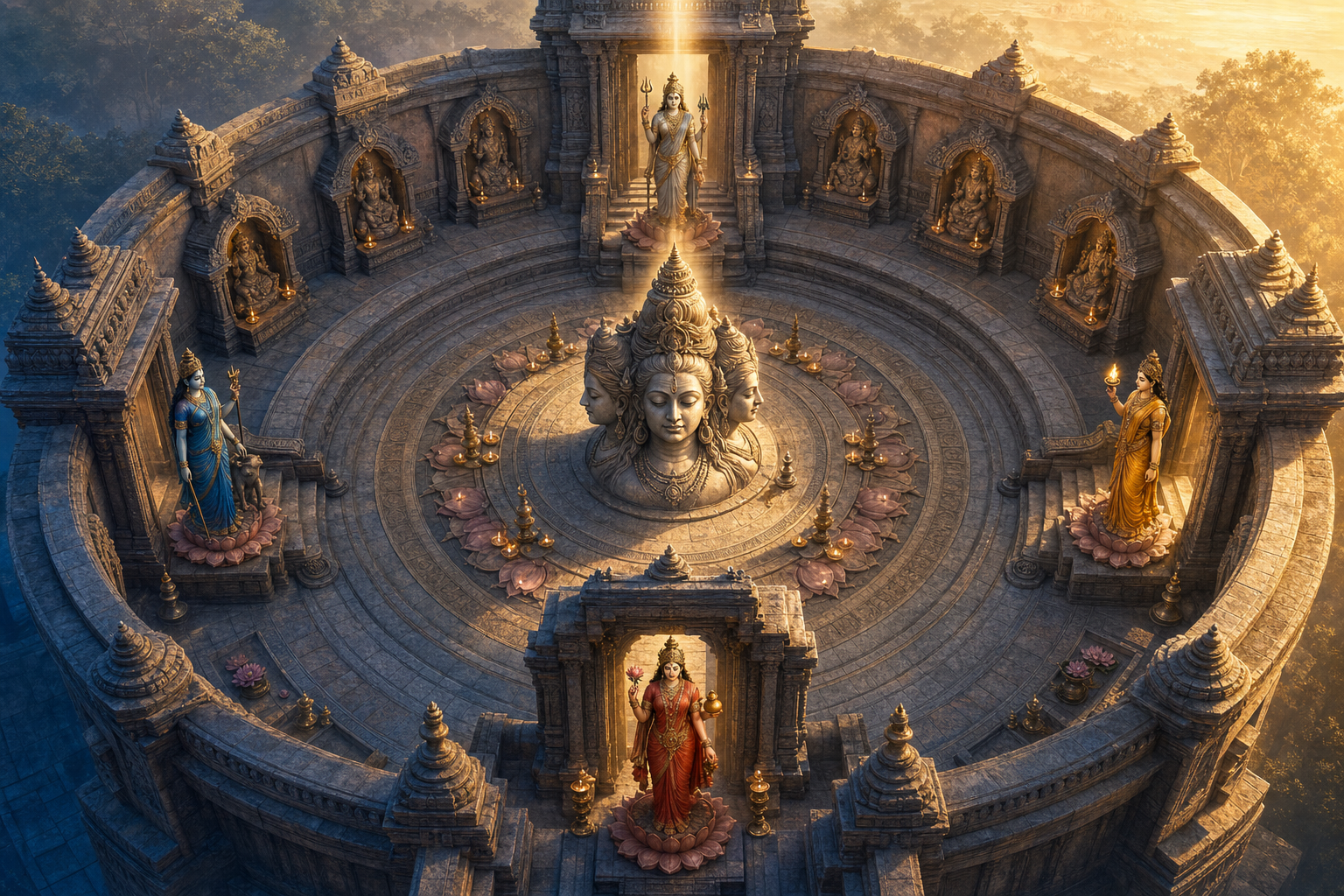 A five-faced central deity and directional Shakti figures occupy a circular sanctuary with four gateways and repeated perimeter niches.