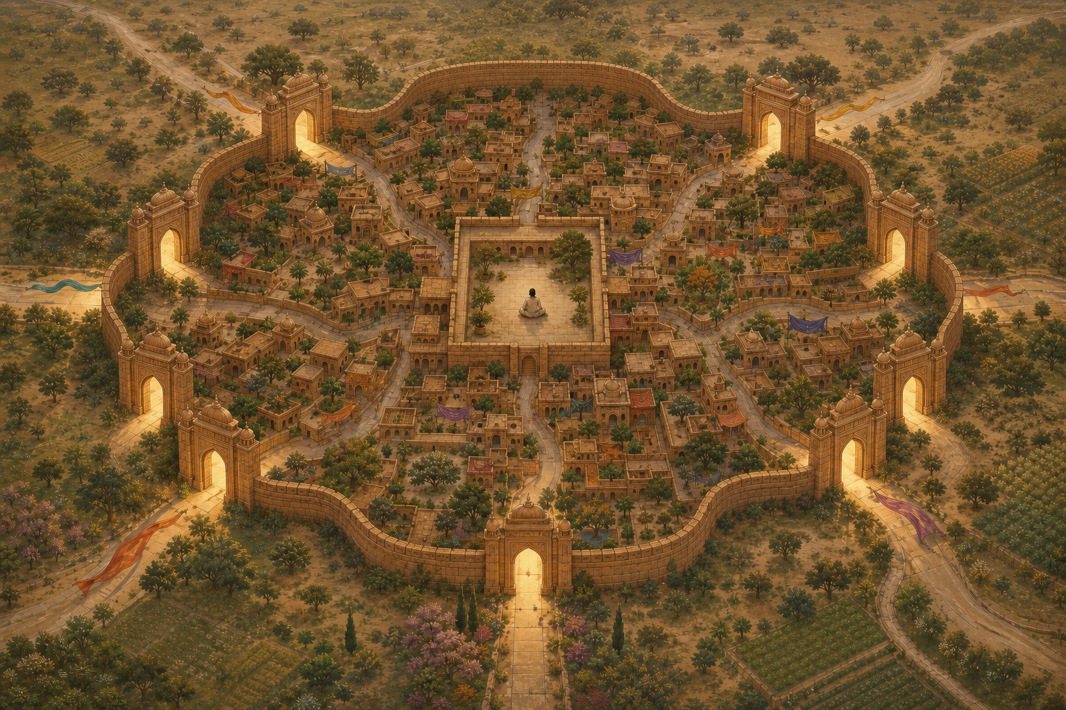 A seated resident occupies the center of a body-shaped walled city with nine illuminated archways.