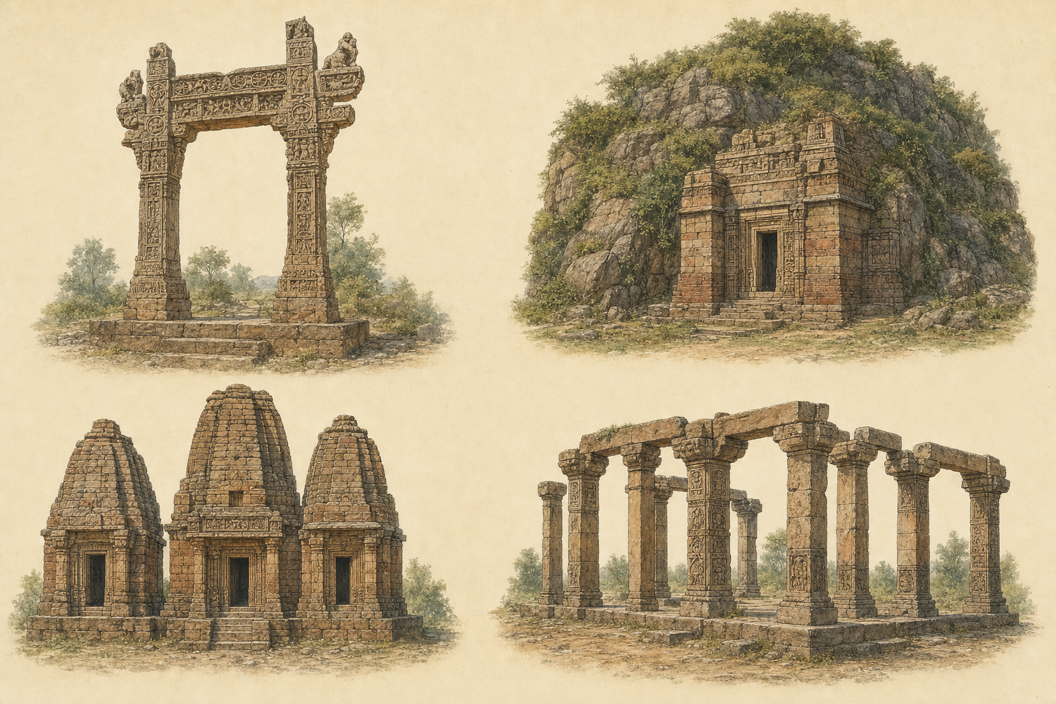 Architectural study showing the Hindola Torana, Maladevi temple, Bajramath and the eight-pillared Athkhamba remains.