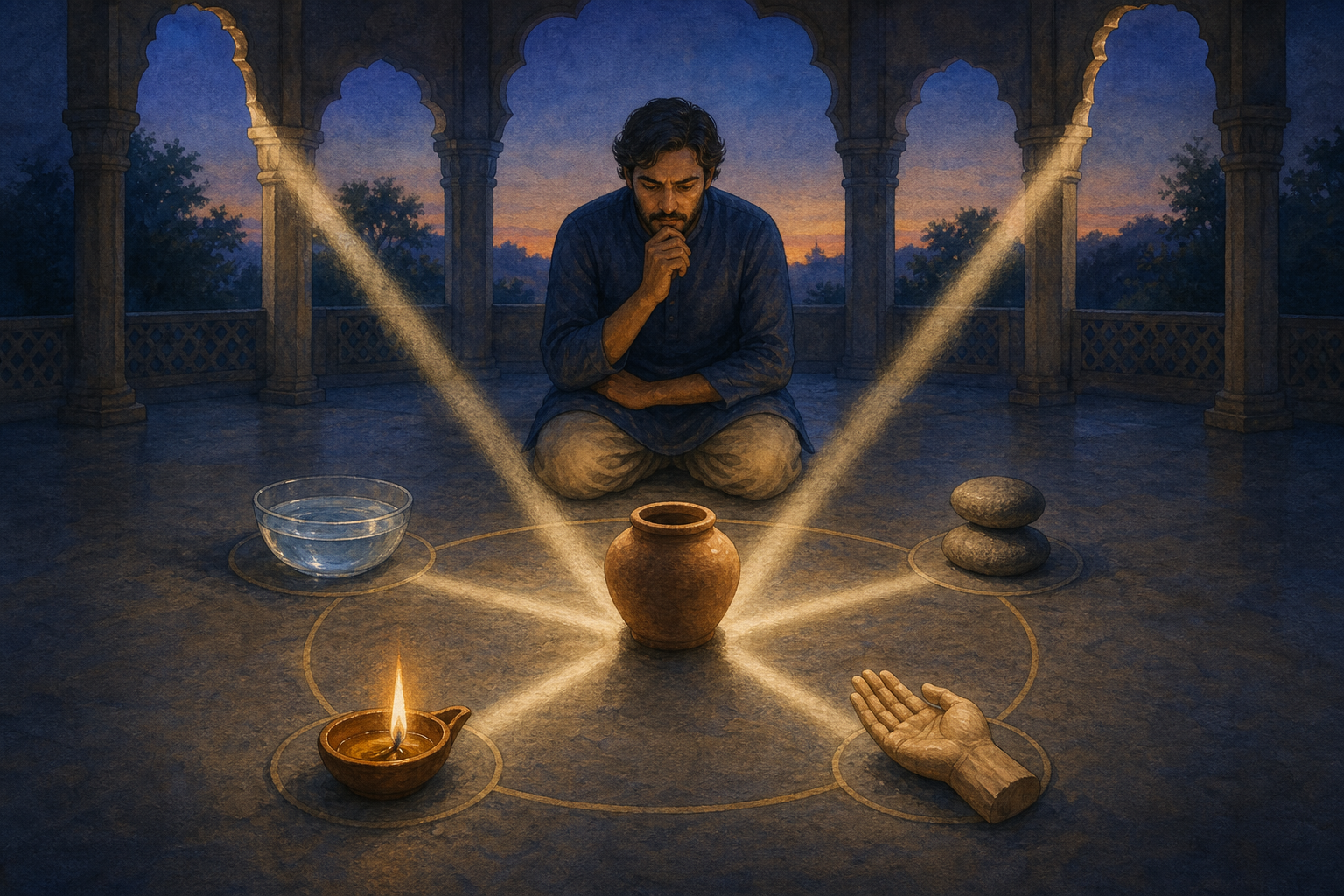 A kneeling person examines a clay vessel surrounded by water, balanced stones, a lamp, and a carved open hand.