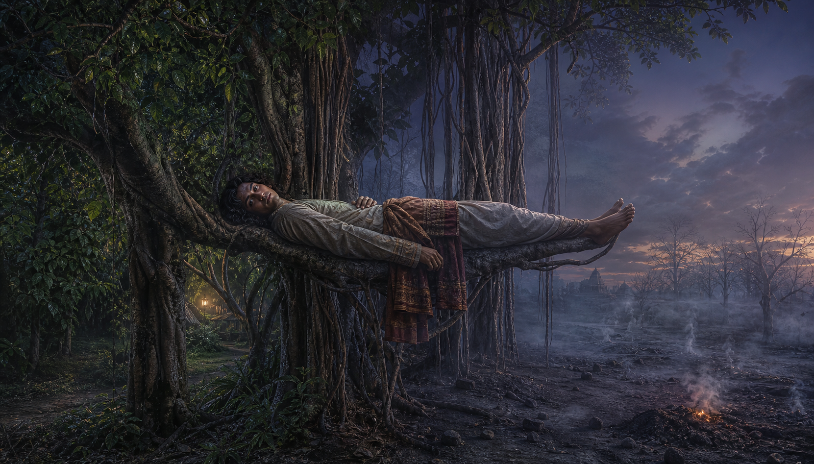 An alert-eyed corpse rests in a banyan tree between a green forest and an ash-covered cremation ground at twilight.