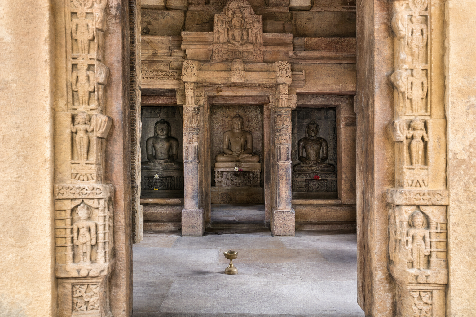 Seated Jain stone images occupy shrine bays within an older carved sandstone temple interior at Gyaraspur.